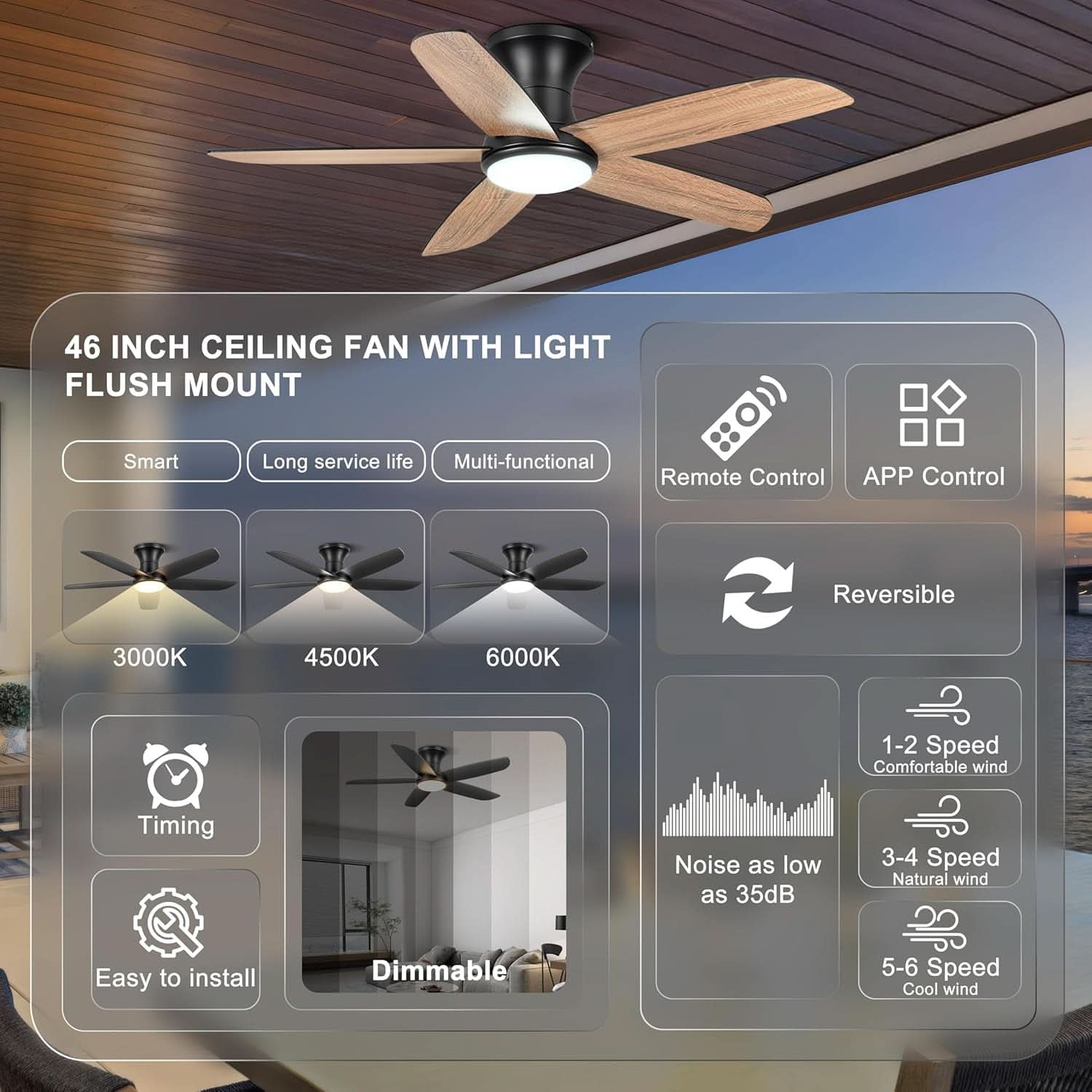 46 Inch Flush Mount Ceiling Fan With Dimmable Lights