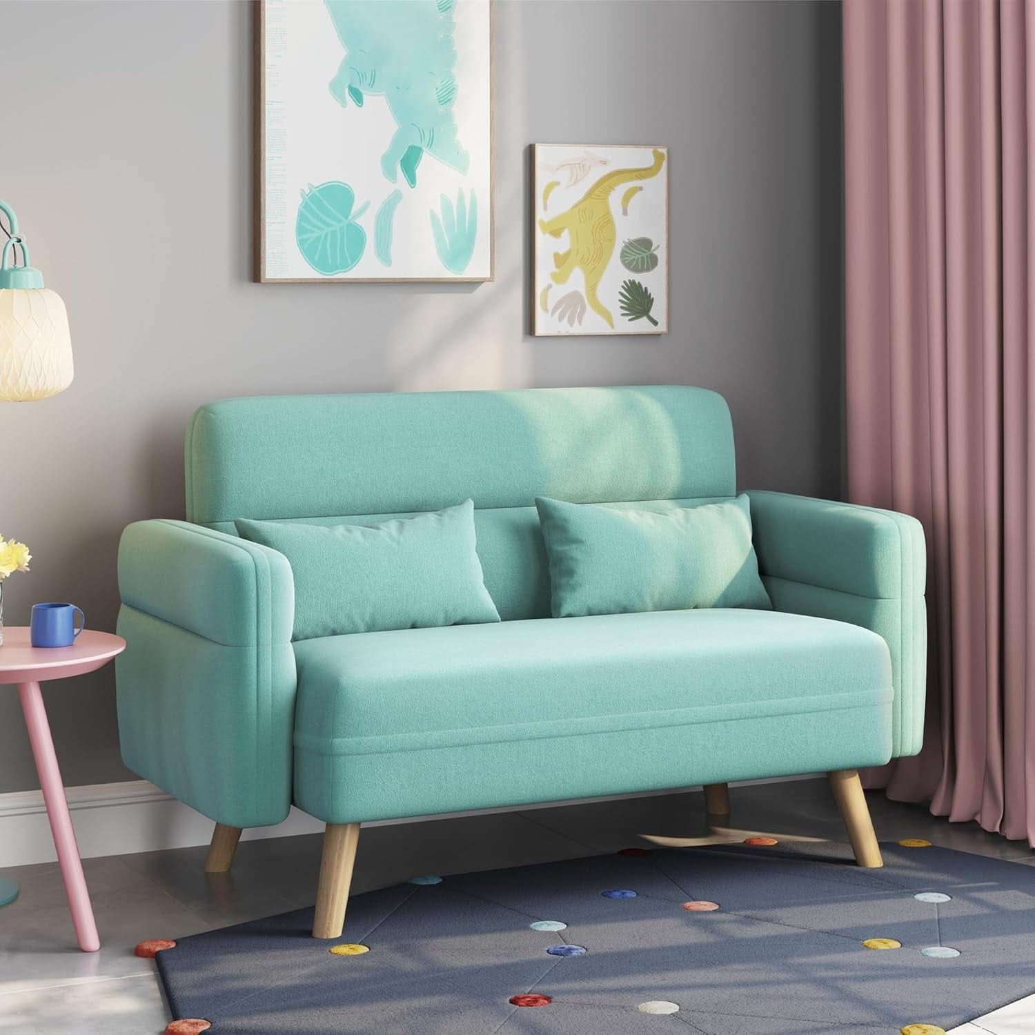 46 Inch Modern Fabric Loveseat Aquamarine With Pillows