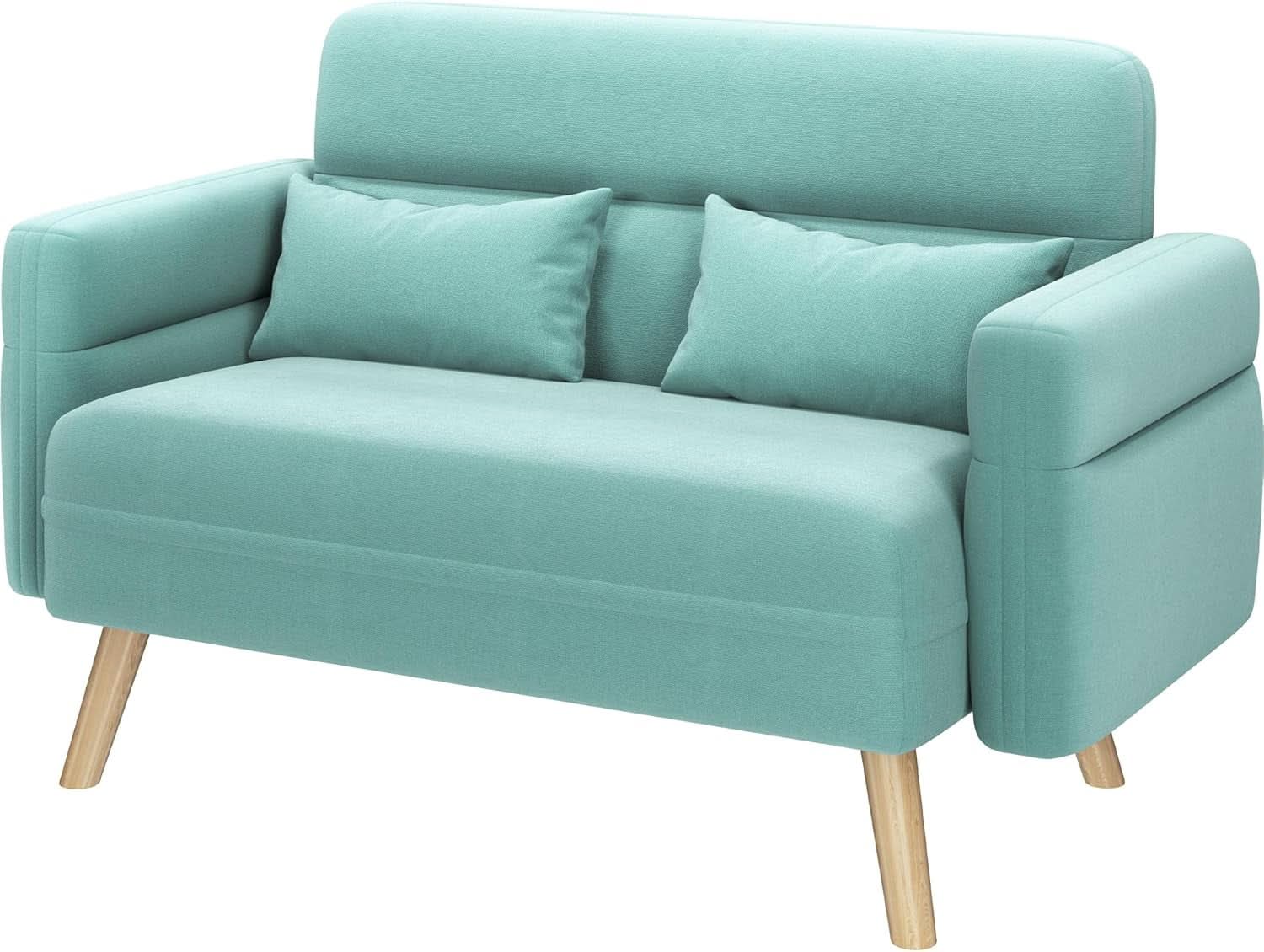46 Inch Modern Fabric Loveseat Aquamarine With Pillows
