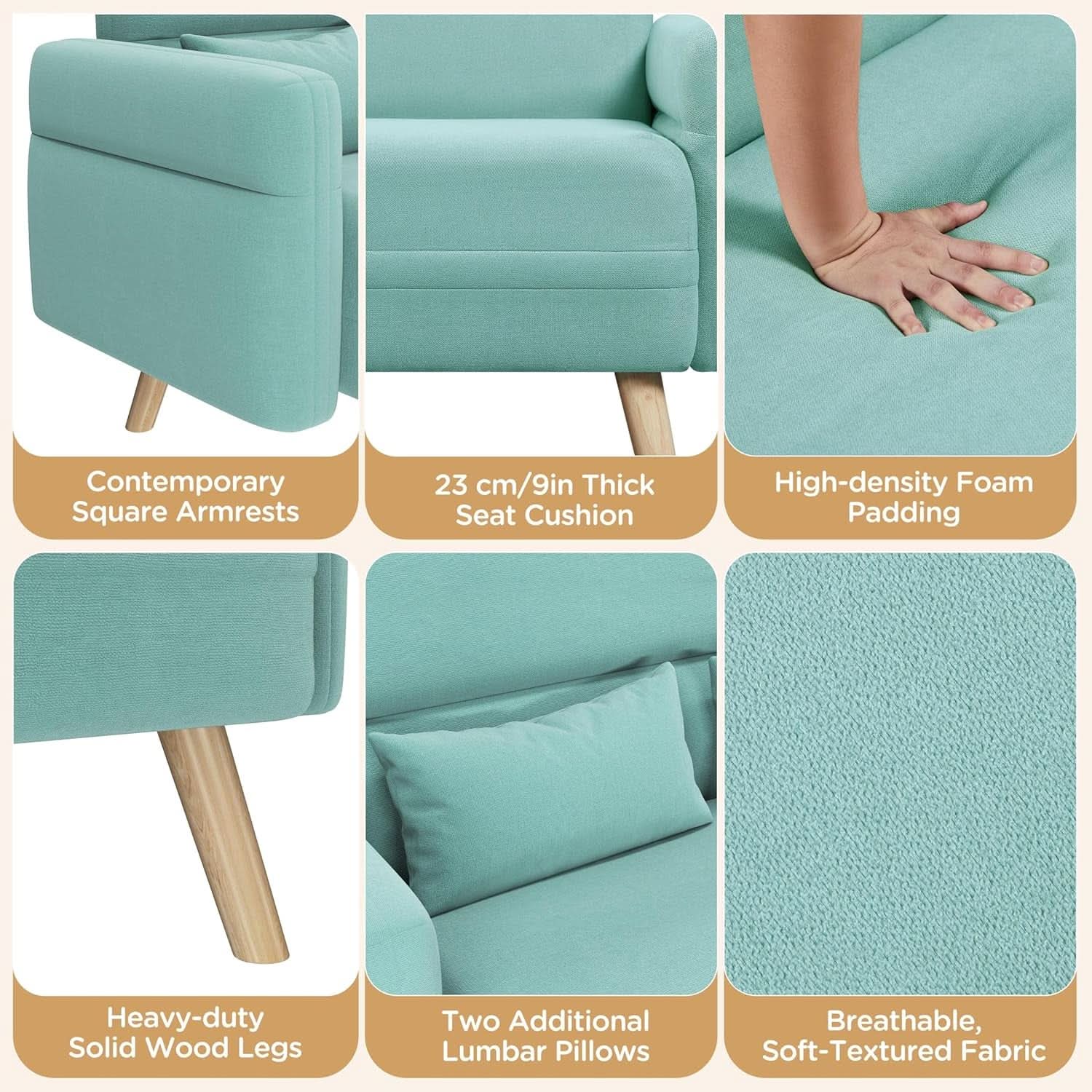 46 Inch Modern Fabric Loveseat Aquamarine With Pillows