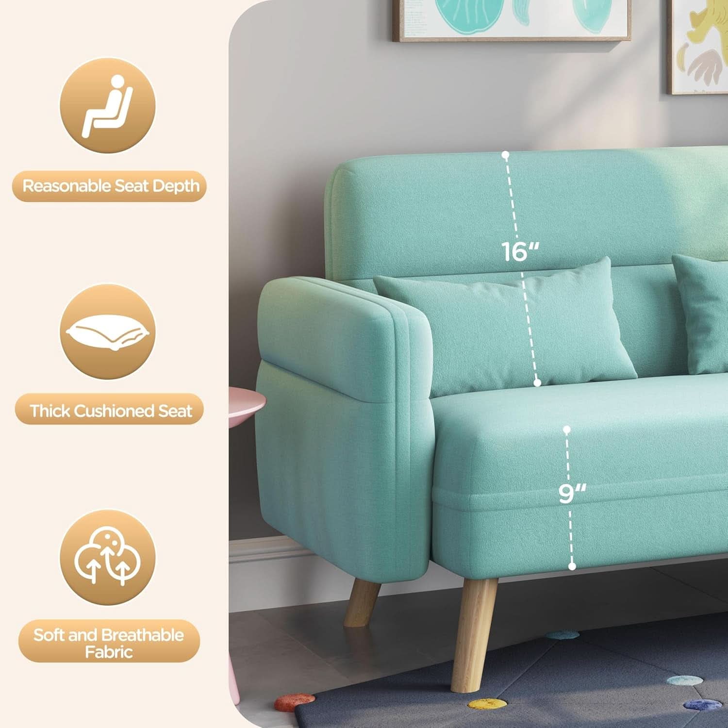 46 Inch Modern Fabric Loveseat Aquamarine With Pillows