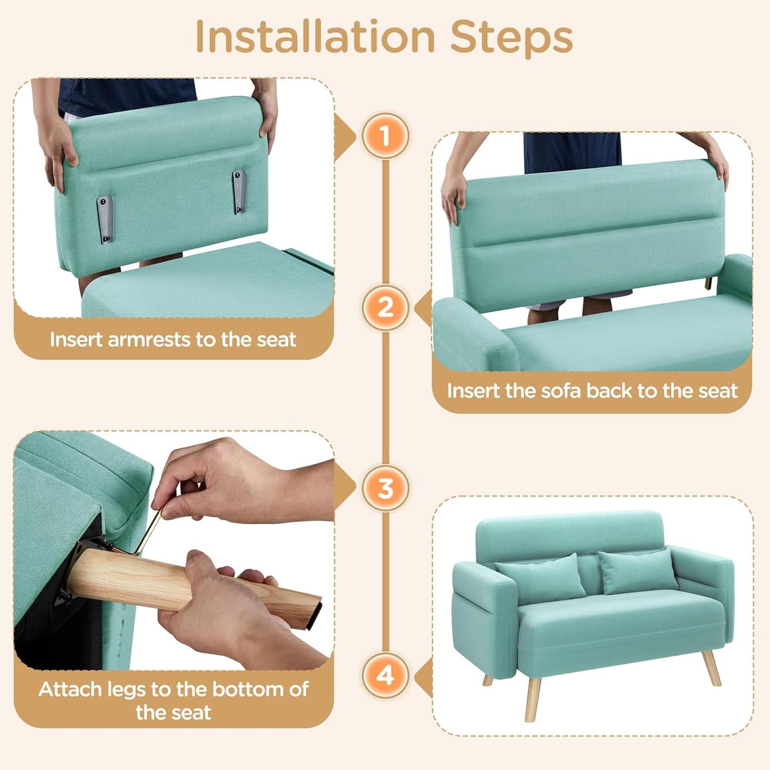 46 Inch Modern Fabric Loveseat Aquamarine With Pillows