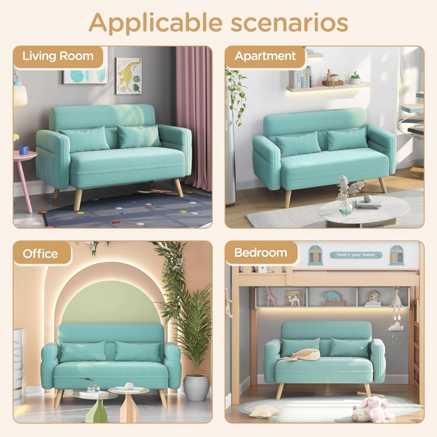 46 Inch Modern Fabric Loveseat Aquamarine With Pillows