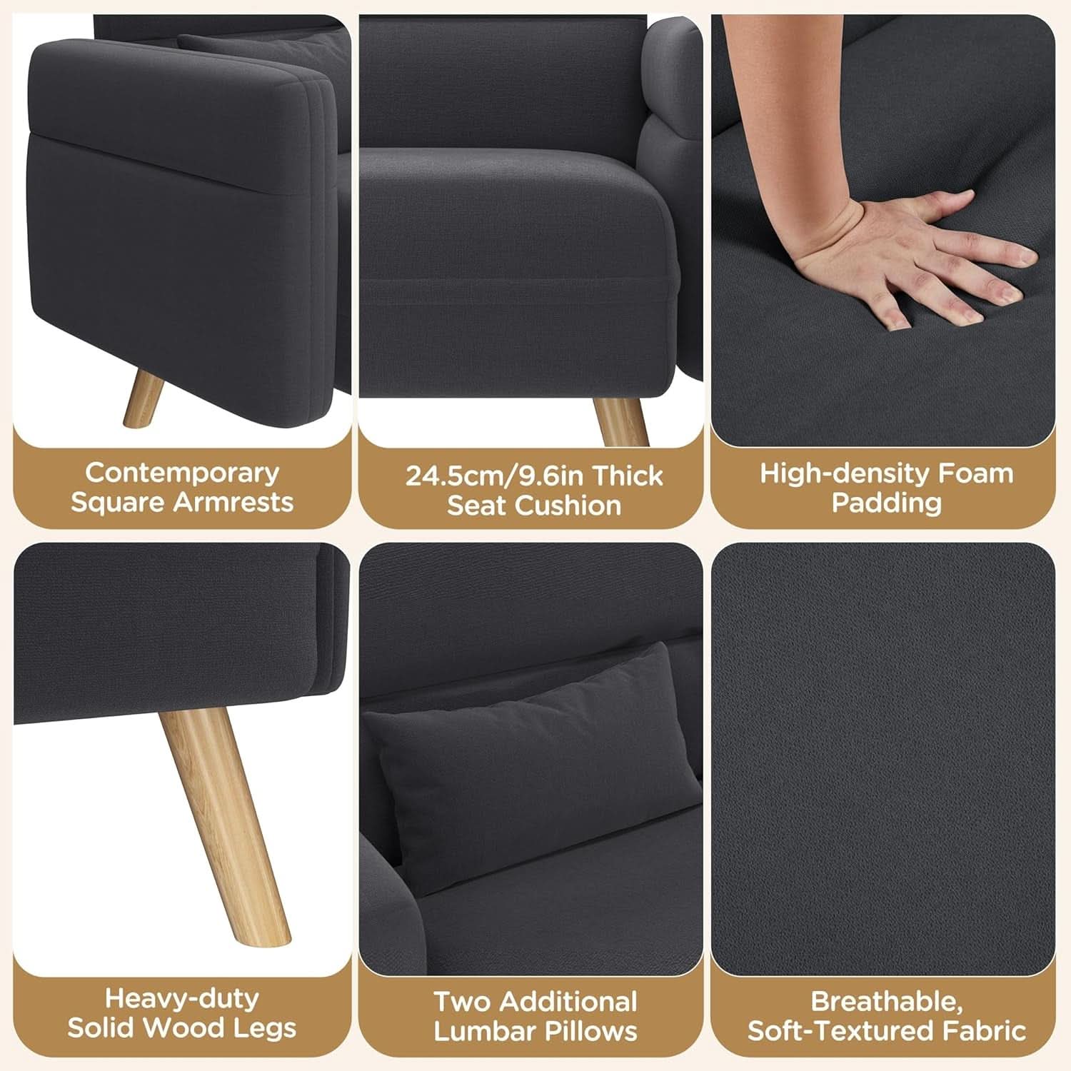46-Inch Small Modern Fabric Loveseat Dark Gray Solid Wood Legs