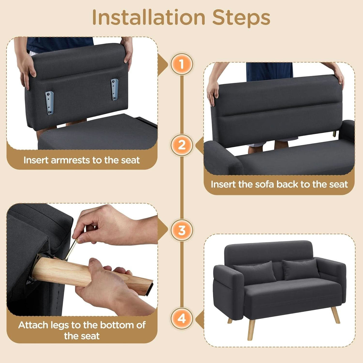 46-Inch Small Modern Fabric Loveseat Dark Gray Solid Wood Legs