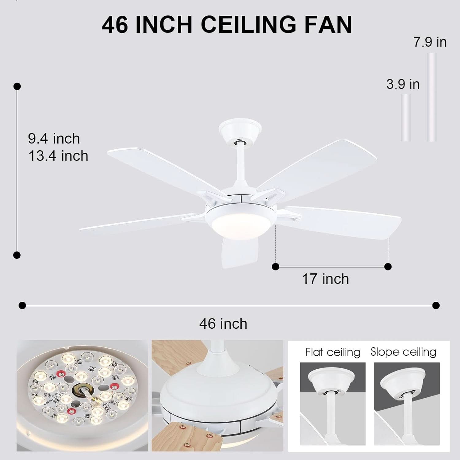 46 Inch White Ceiling Fan With Dimmable LED Remote