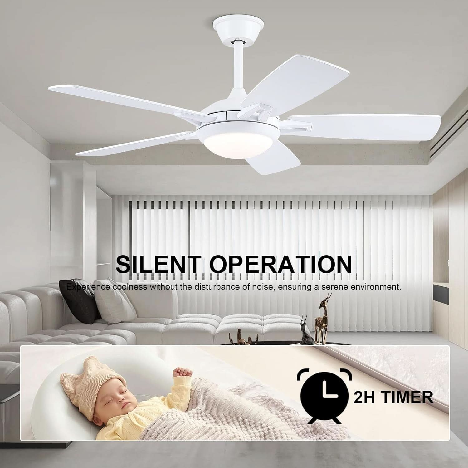 46 Inch White Ceiling Fan With Dimmable LED Remote