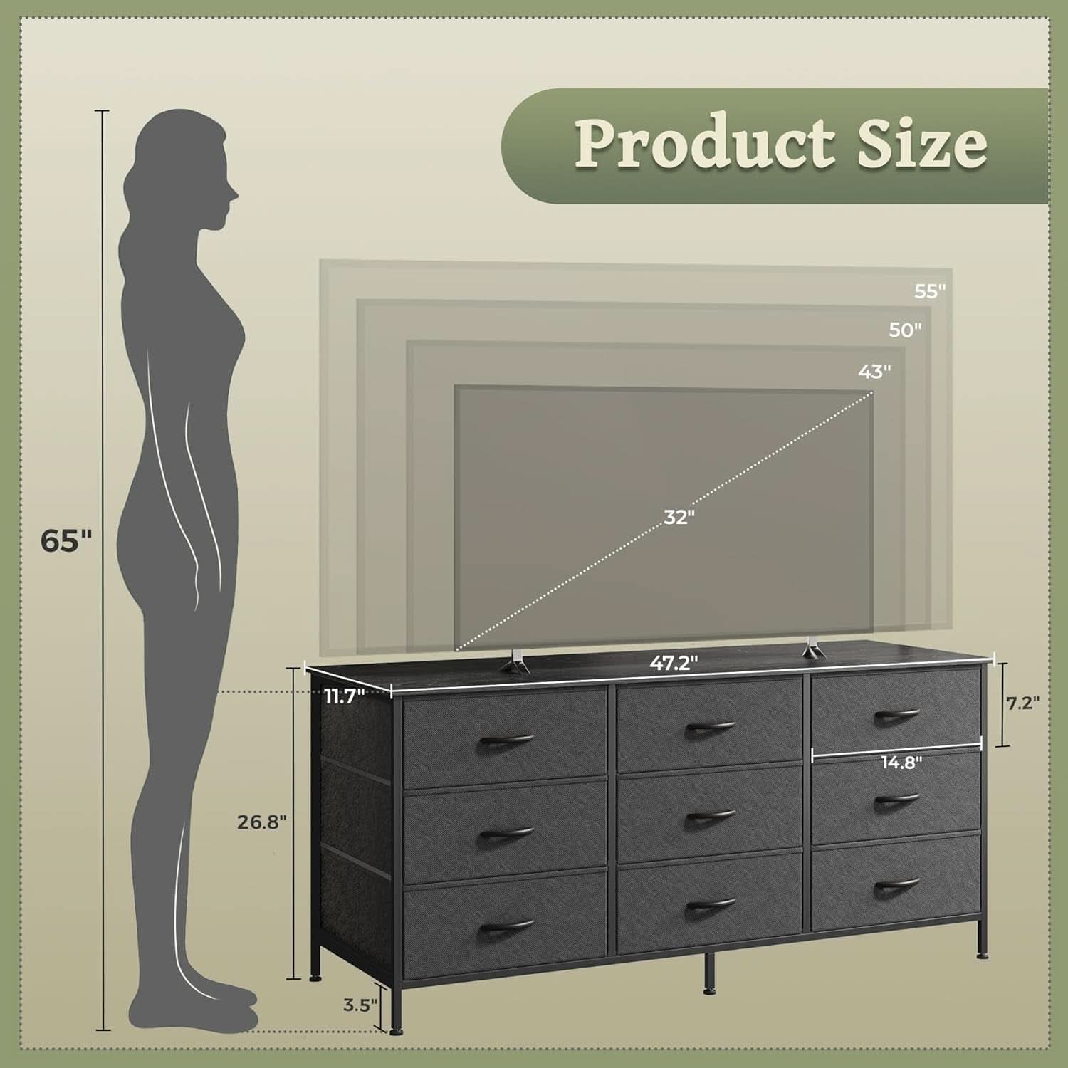 47 Inch 9 Drawer TV Stand Dresser For 50 55 Inch TVs Black