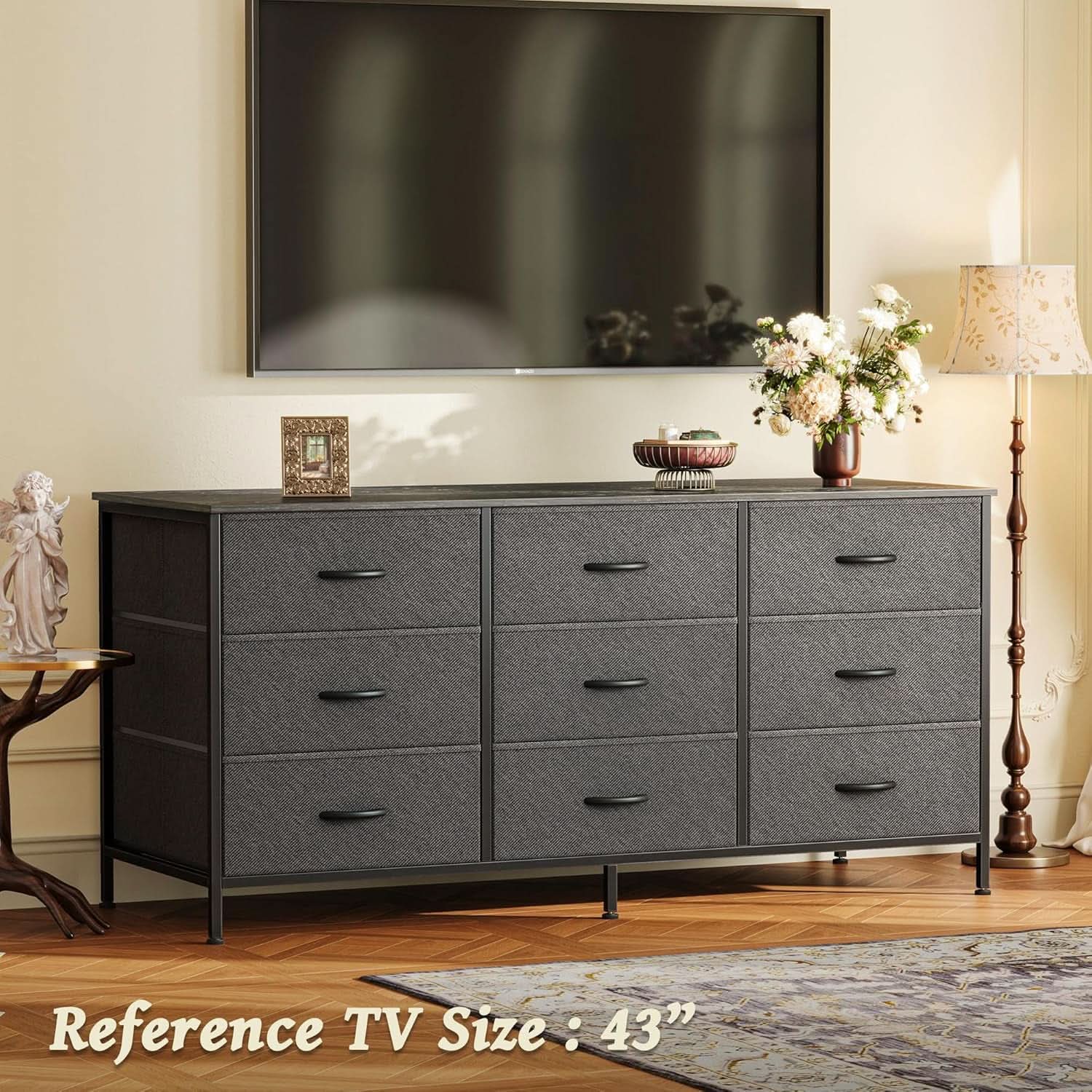 47 Inch 9 Drawer TV Stand Dresser For 50 55 Inch TVs Black