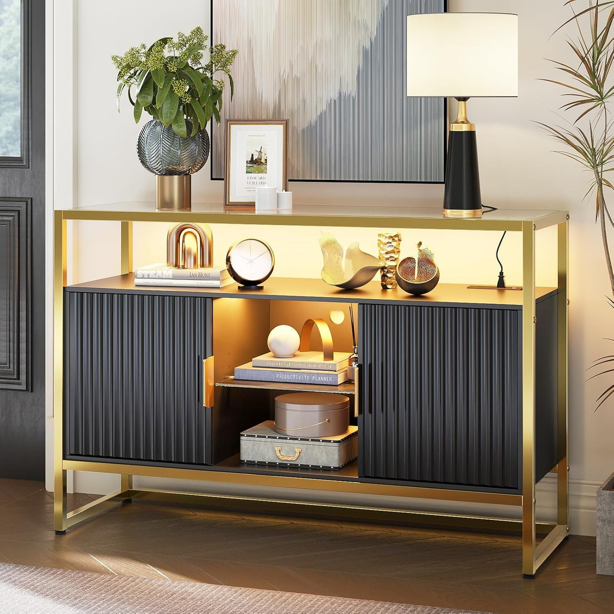47-Inch Black Coffee Bar Cabinet With Power Outlet
