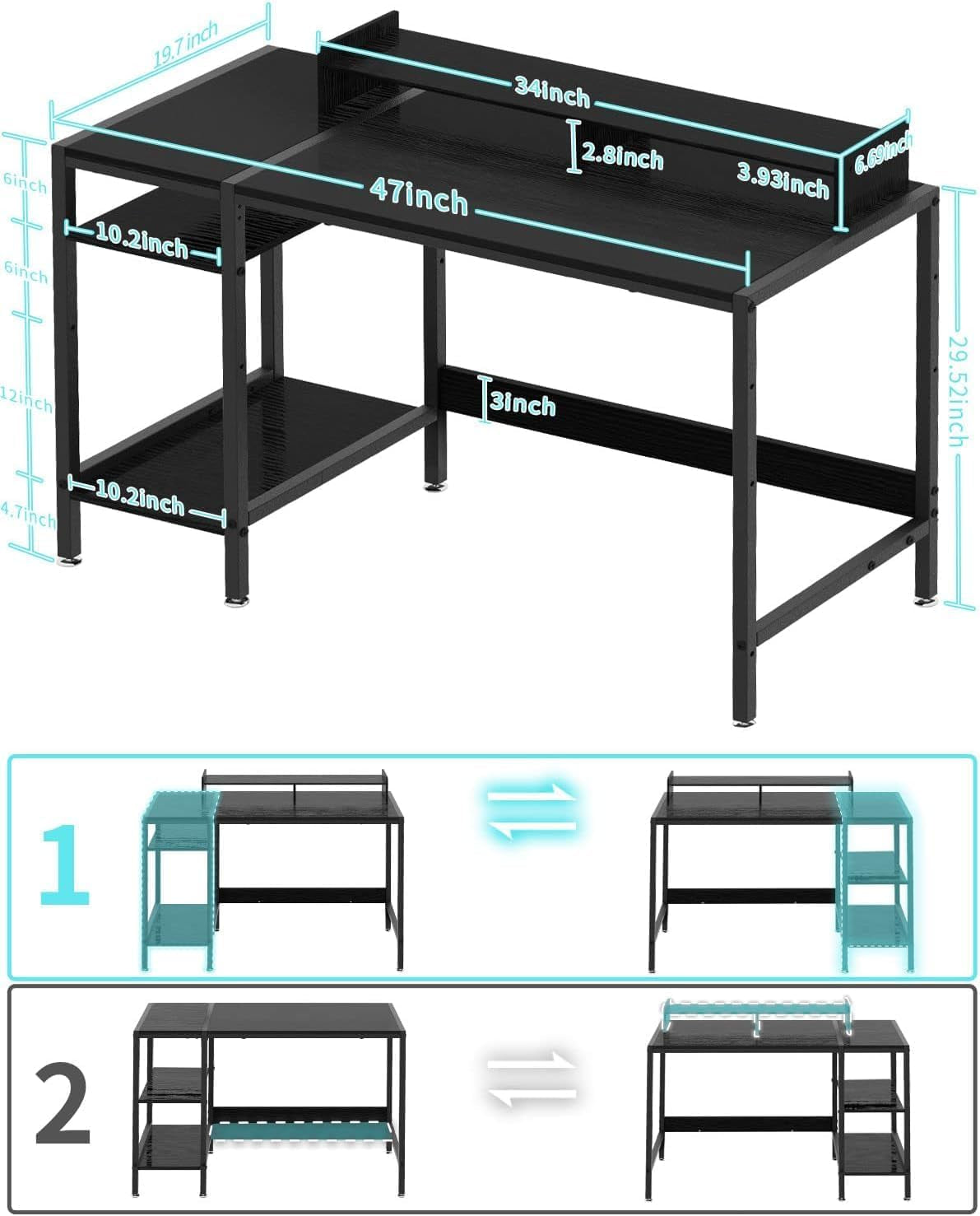 47 Inch Black Gaming Desk For Home Office With Monitor Stand And Storage