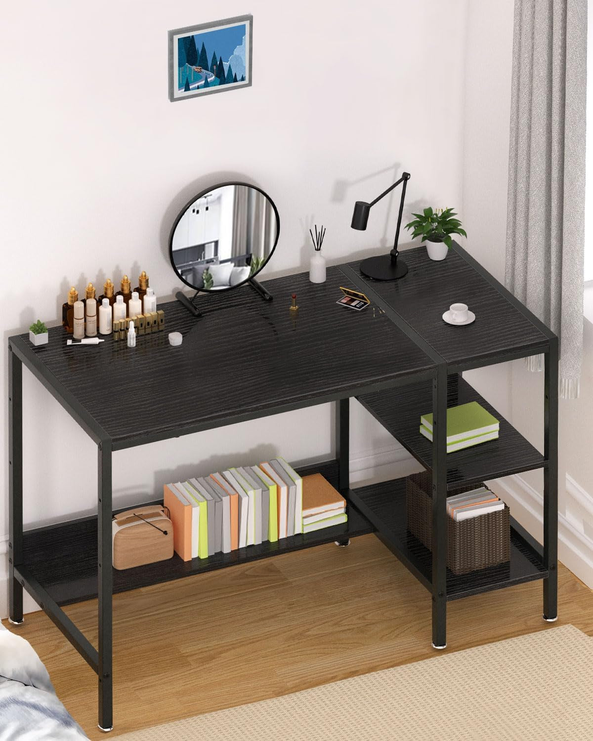 47 Inch Black Gaming Desk For Home Office With Monitor Stand And Storage