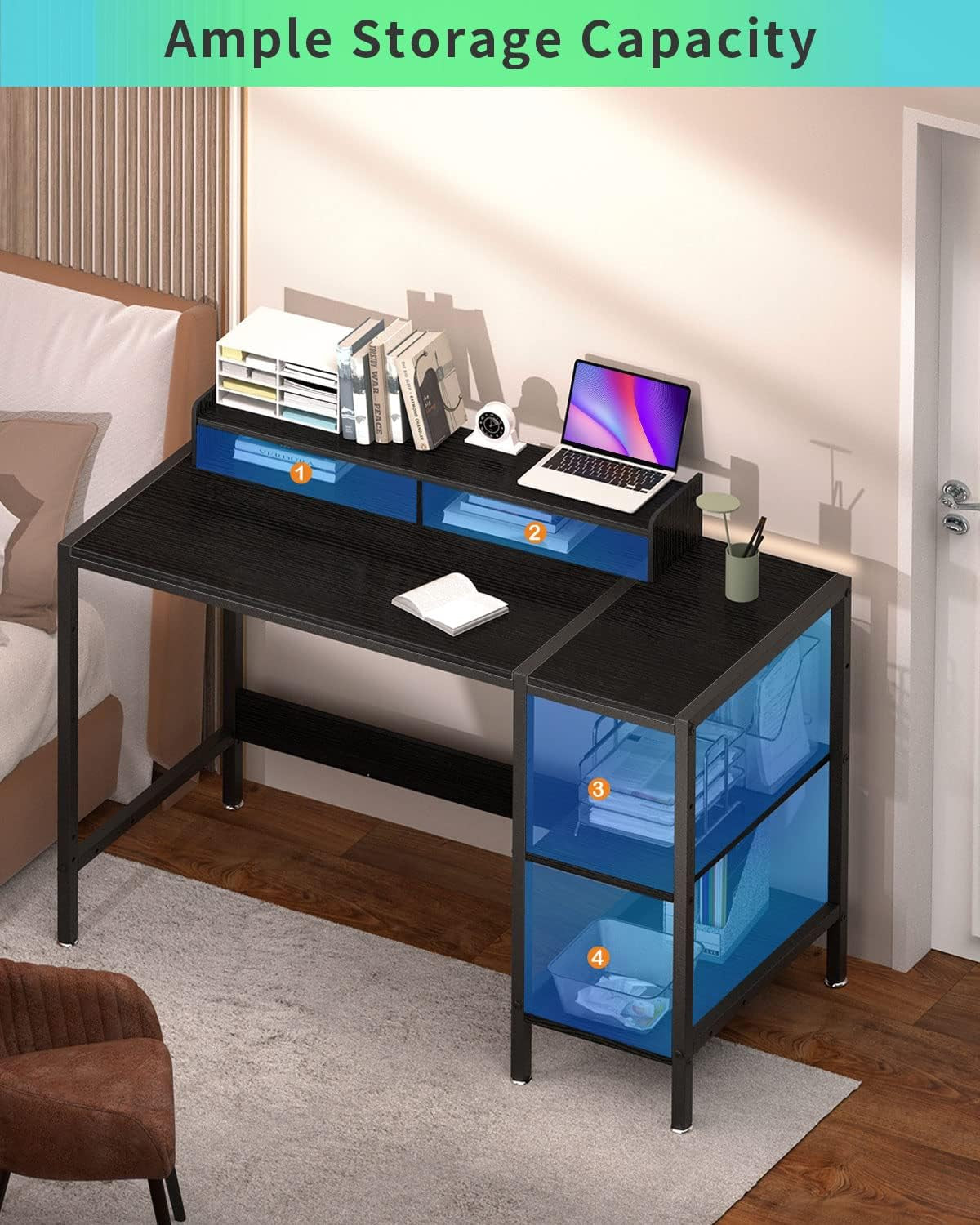 47 Inch Black Gaming Desk For Home Office With Monitor Stand And Storage
