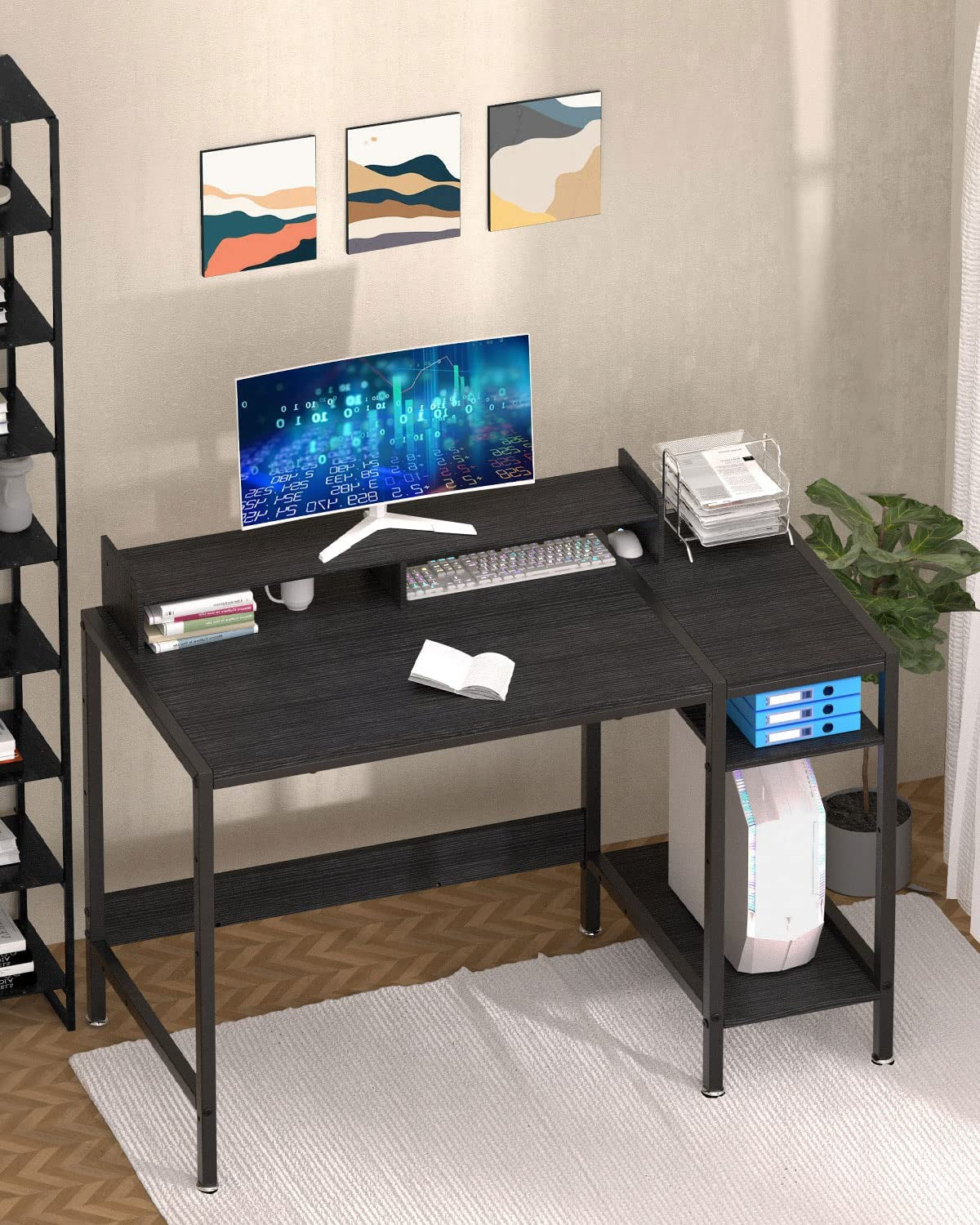 47 Inch Black Gaming Desk For Home Office With Monitor Stand And Storage