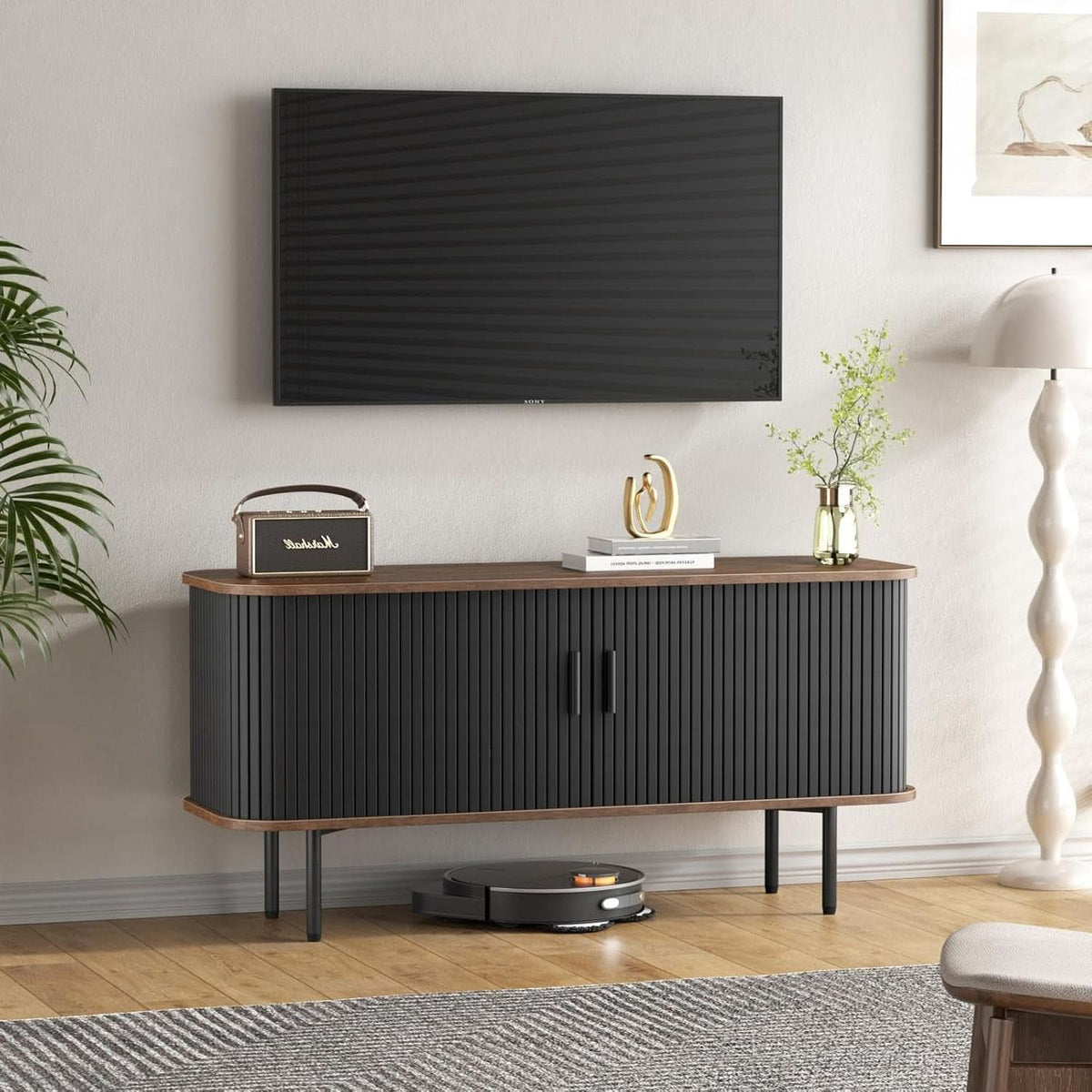 47 Inch Black TV Stand With Sliding Doors And Storage