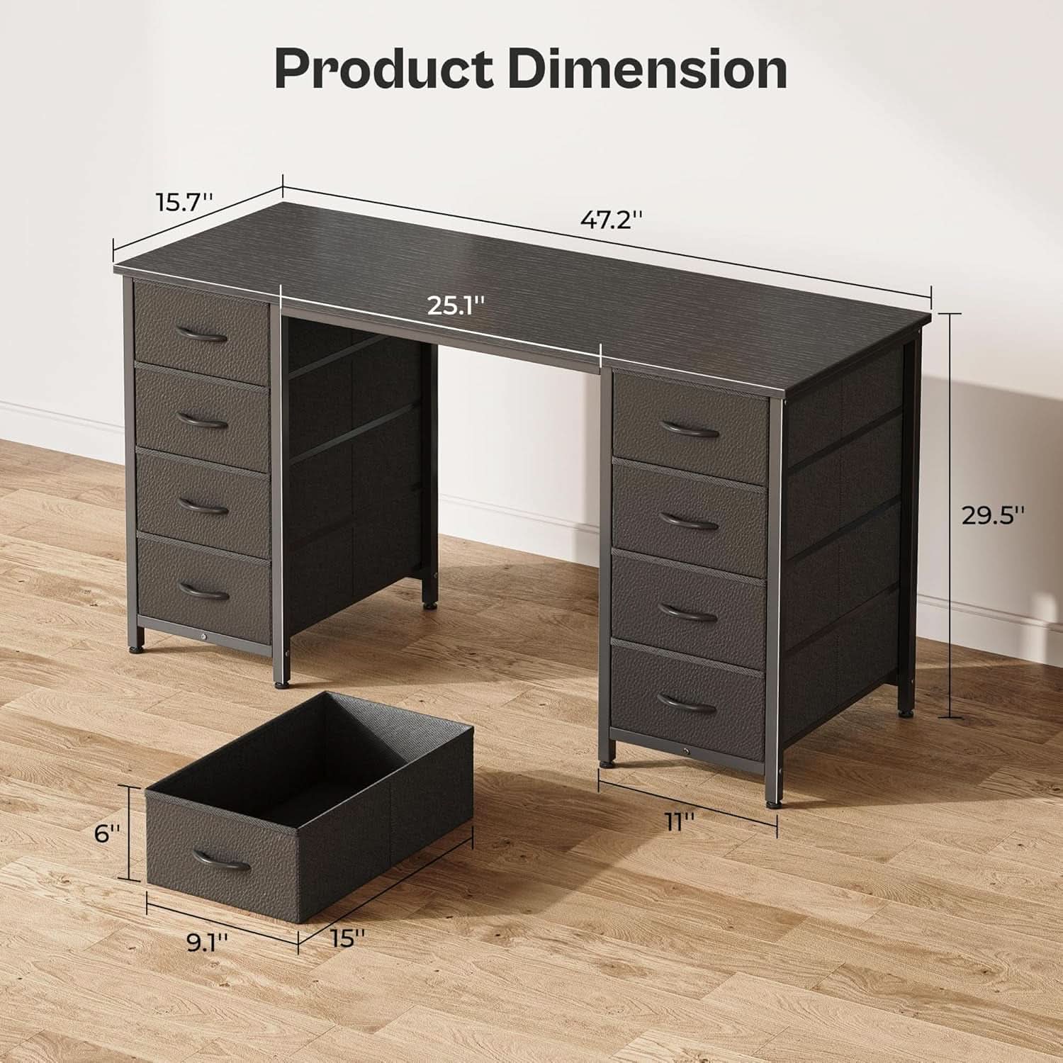 47 Inch Computer Desk Black With 8 Drawers Large Storage