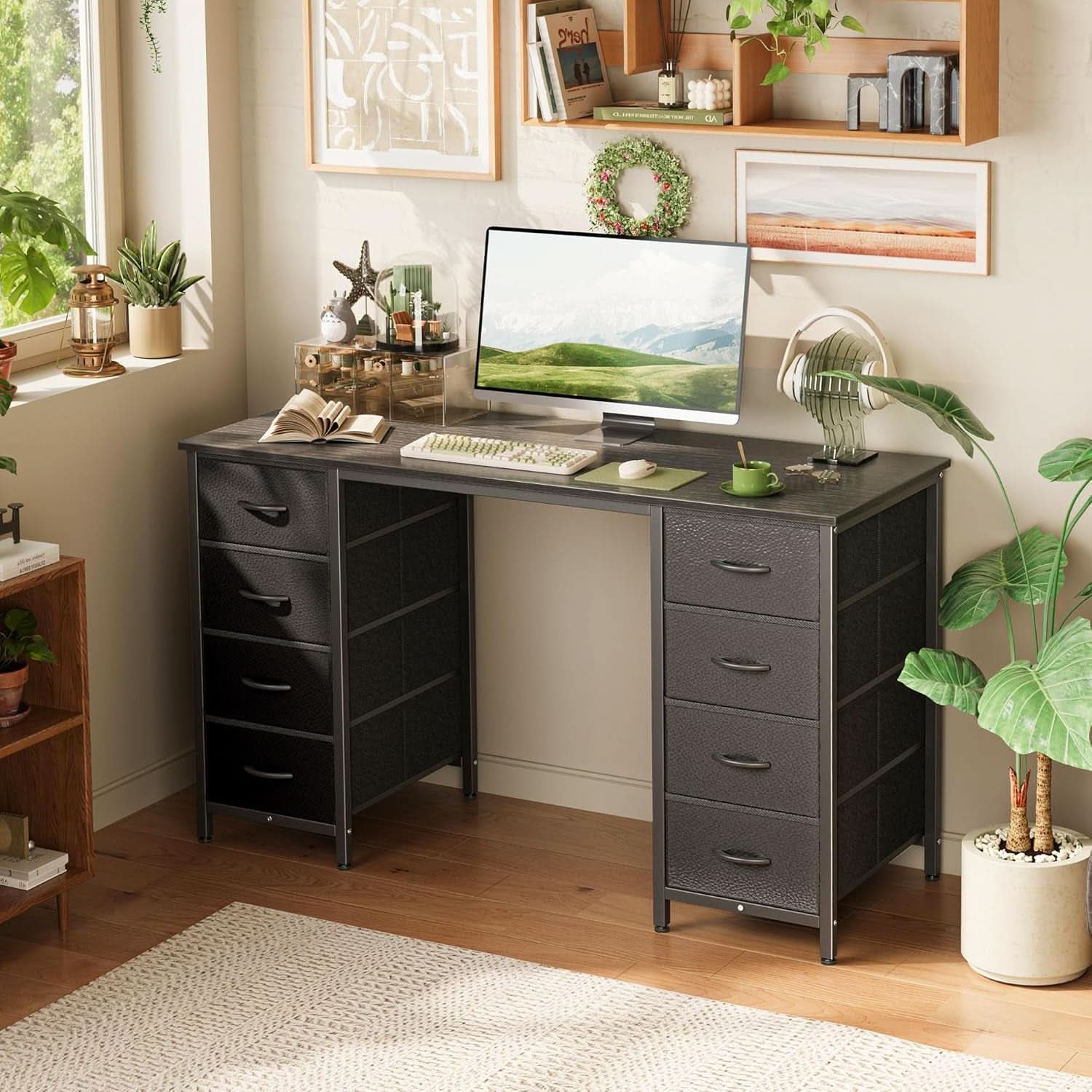 47 Inch Computer Desk Black With 8 Drawers Large Storage