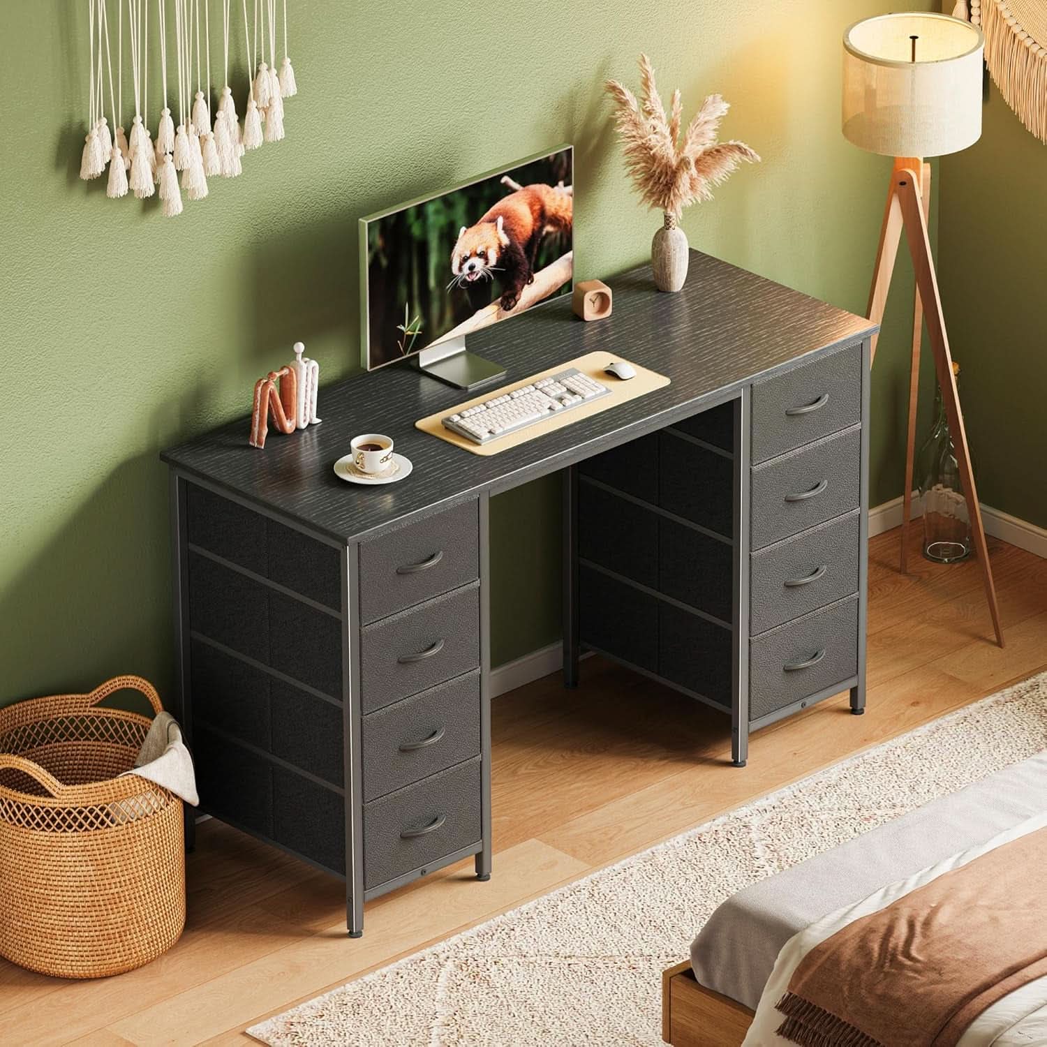47 Inch Computer Desk Black With 8 Drawers Large Storage