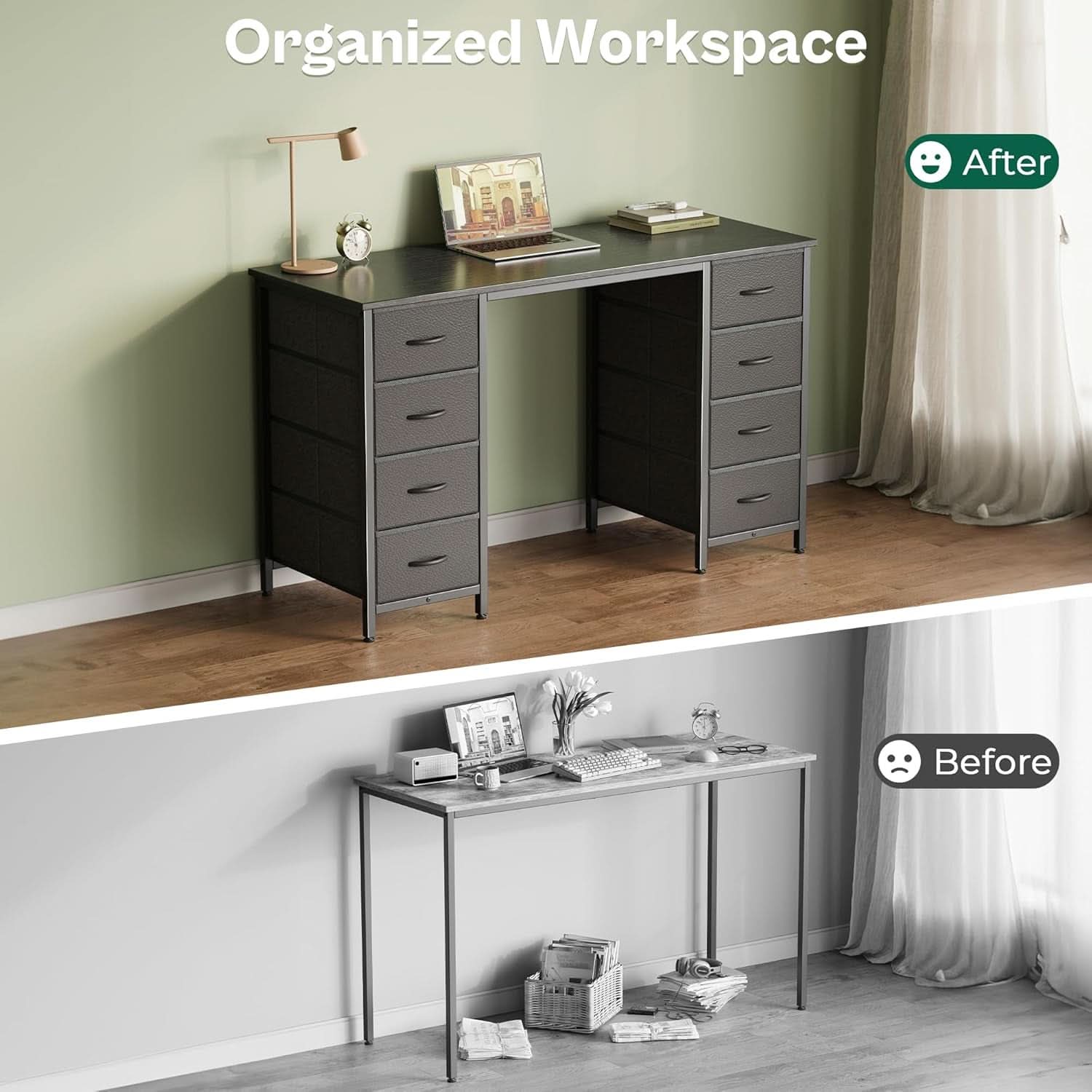 47 Inch Computer Desk Black With 8 Drawers Large Storage