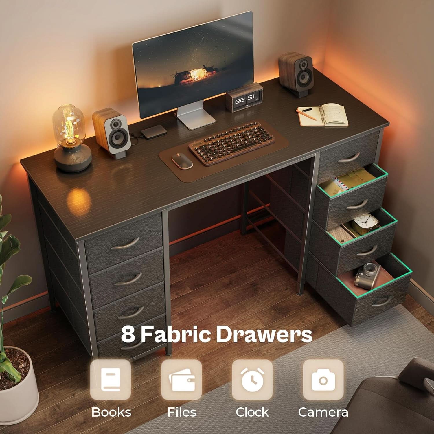 47 Inch Computer Desk Black With 8 Drawers Large Storage