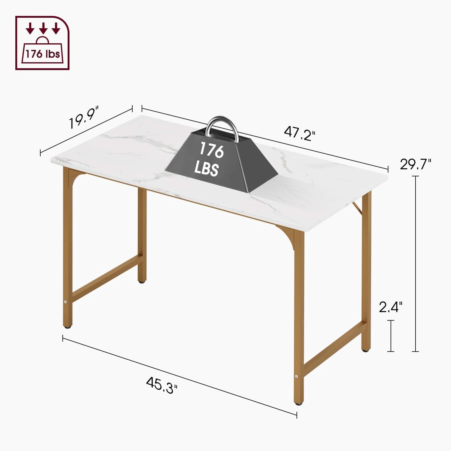 47 Inch Computer Desk Gold Metal Frame Modern Home Office Desk