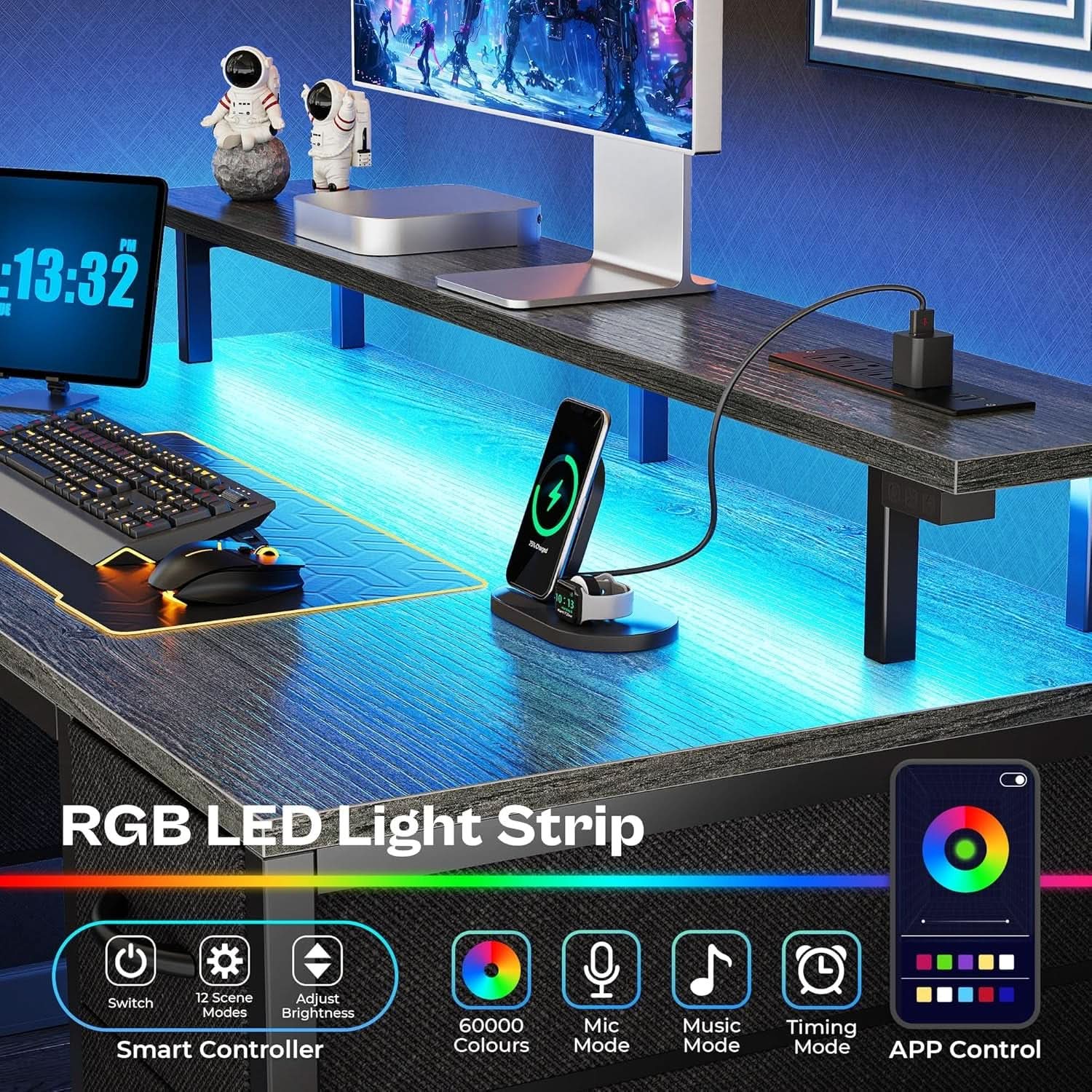 47 Inch Computer Desk With 4 Drawers And Led Lights