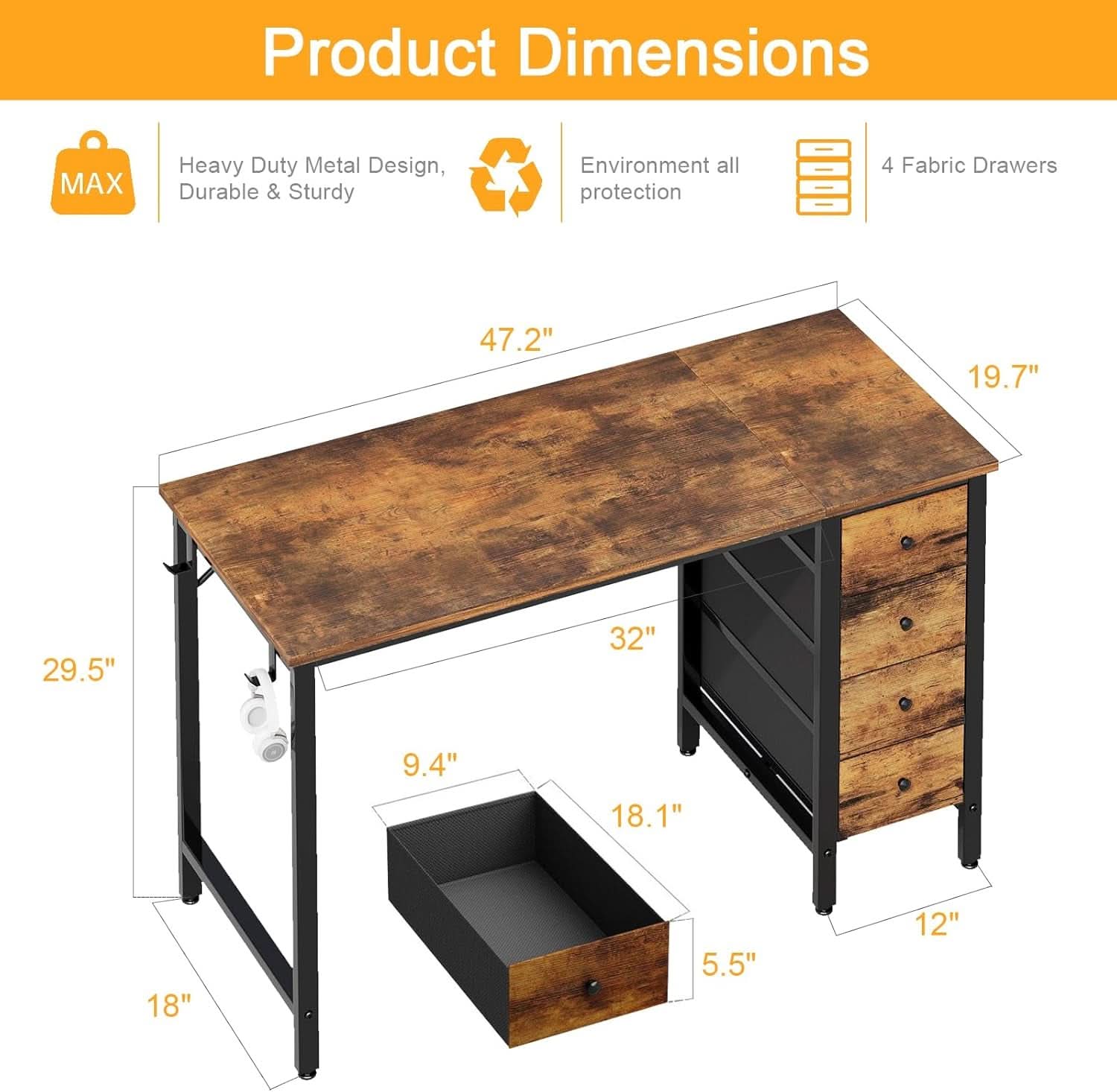 47 Inch Computer Desk With Fabric Drawers Rustic Brown