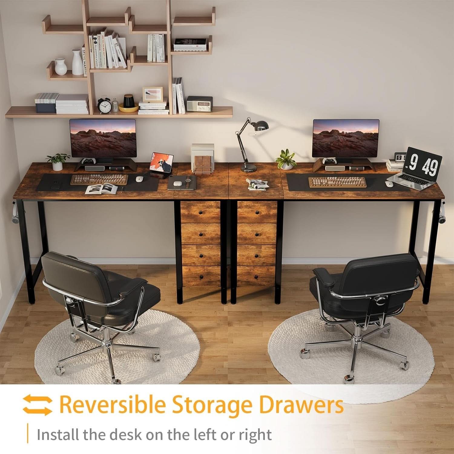 47 Inch Computer Desk With Fabric Drawers Rustic Brown