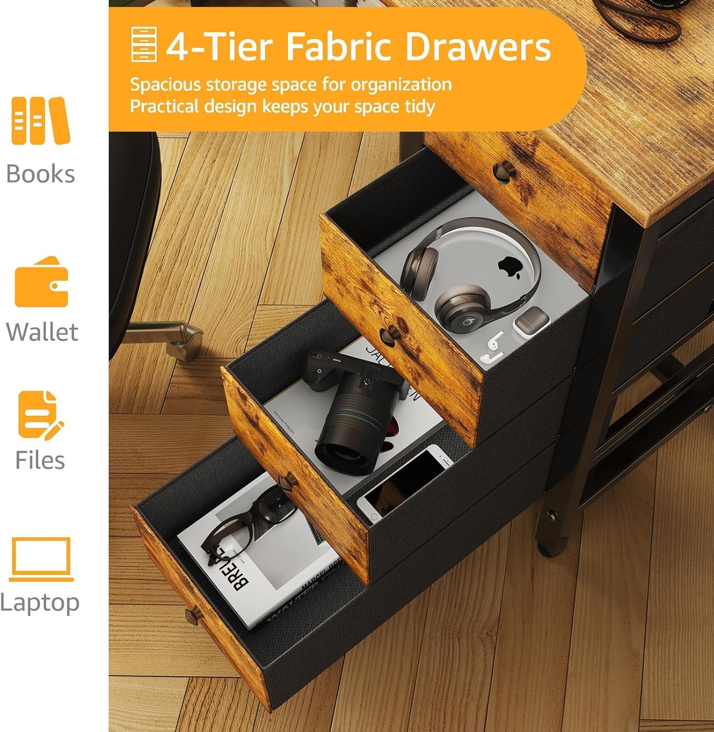 47 Inch Computer Desk With Fabric Drawers Rustic Brown