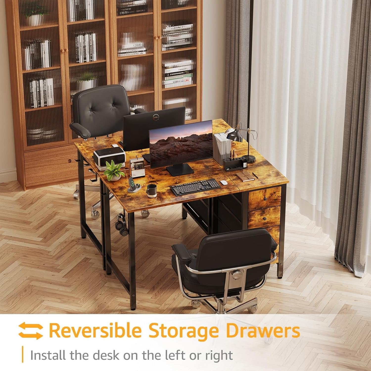 47 Inch Computer Desk With Fabric Drawers Rustic Brown