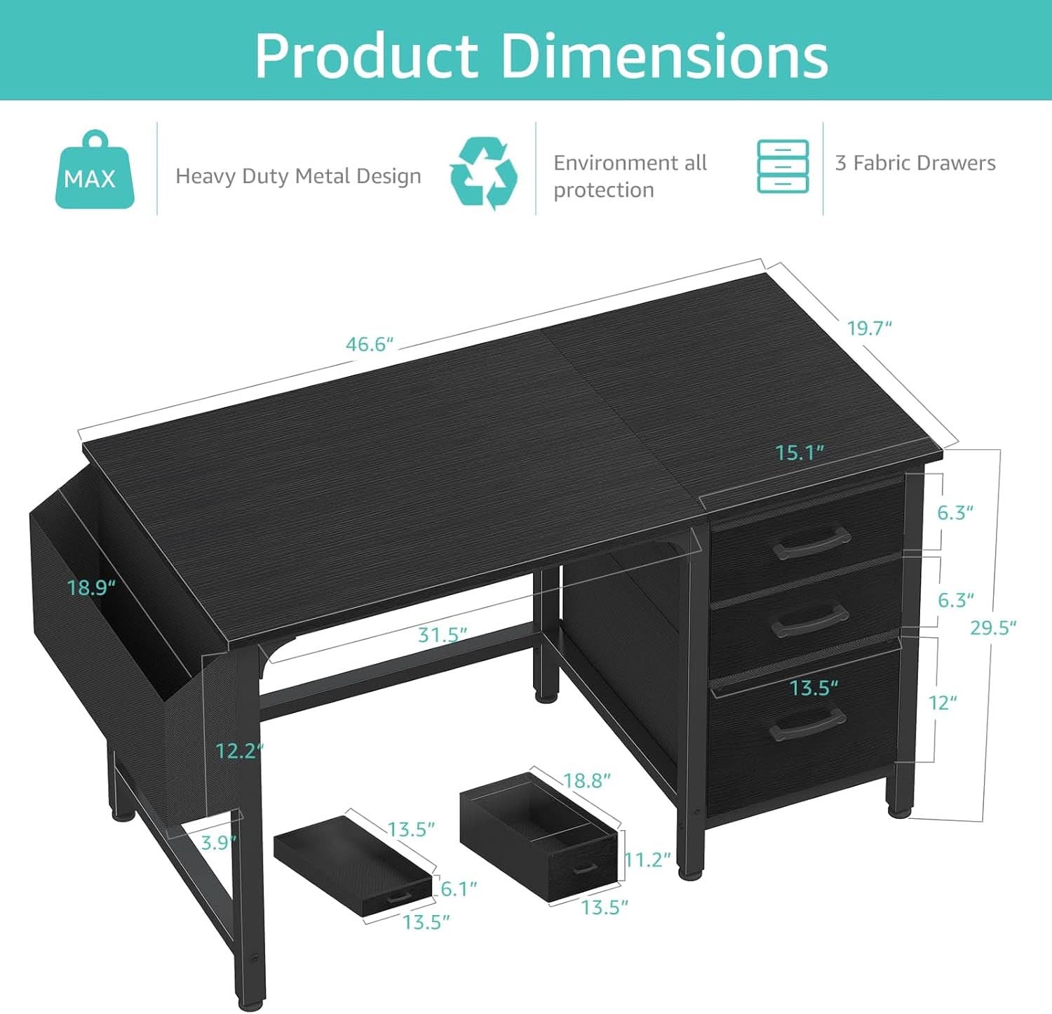 47 Inch Computer Desk With File Drawers For Small Space