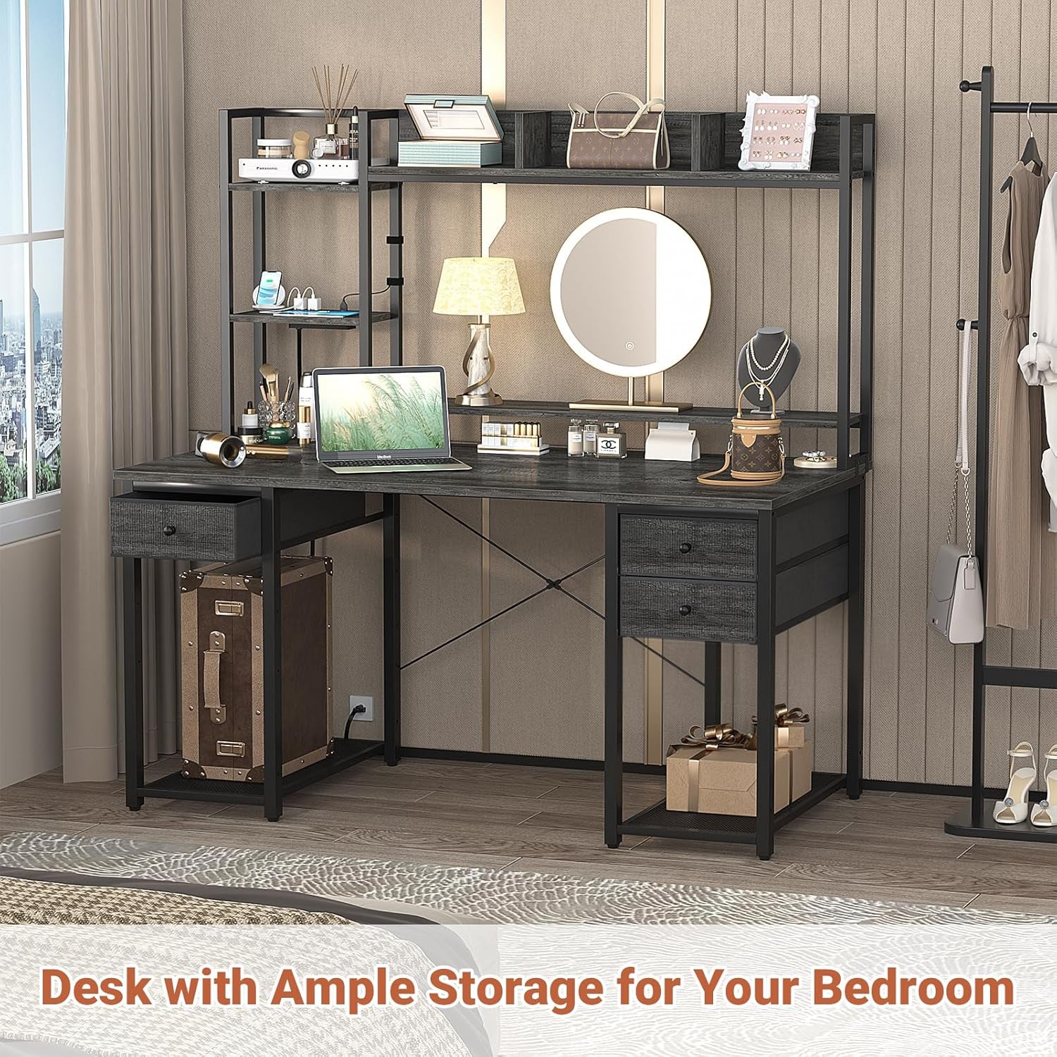 47 Inch Computer Desk With Hutch And Drawers Black Oak
