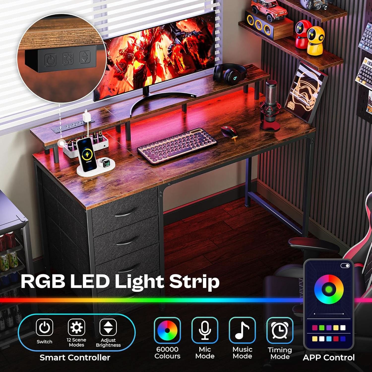 47 Inch Computer Desk With LED Lights And Power Outlets