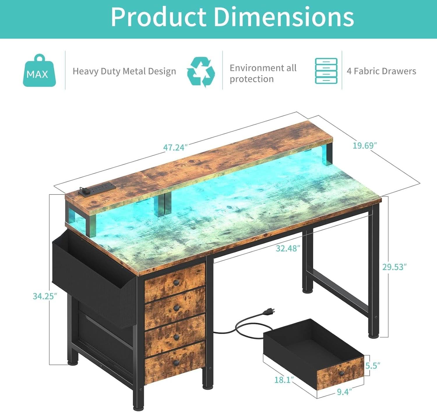 47 Inch Computer Desk With Monitor Stand For Home Office