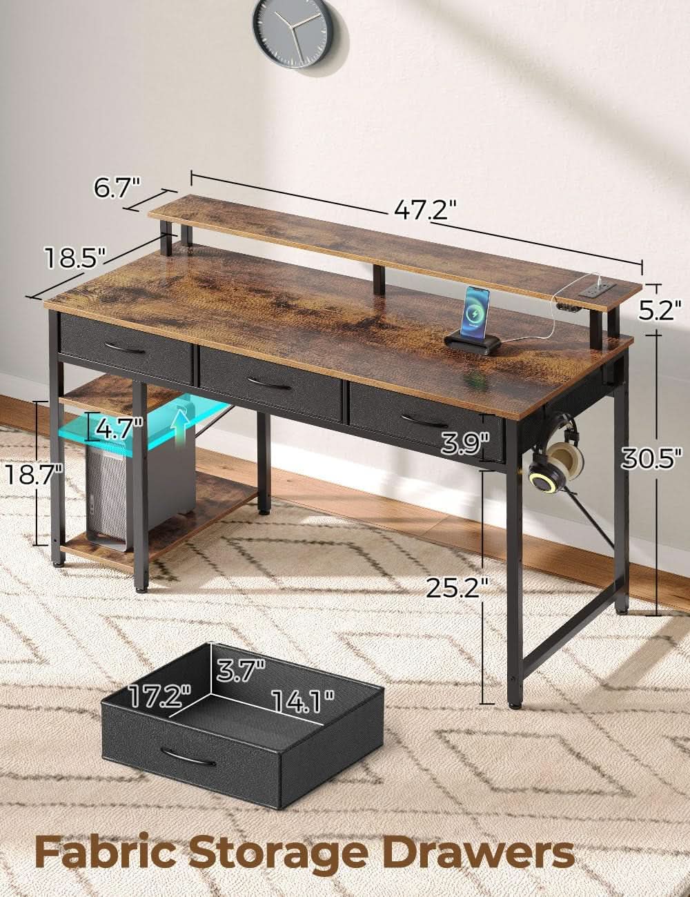 47-Inch Computer Desk With Power Outlets And LED Light