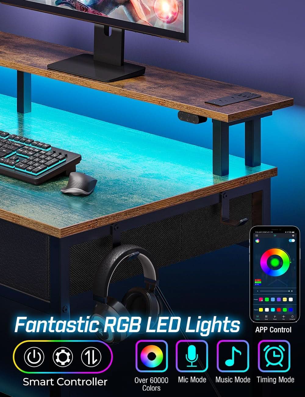 47-Inch Computer Desk With Power Outlets And LED Light
