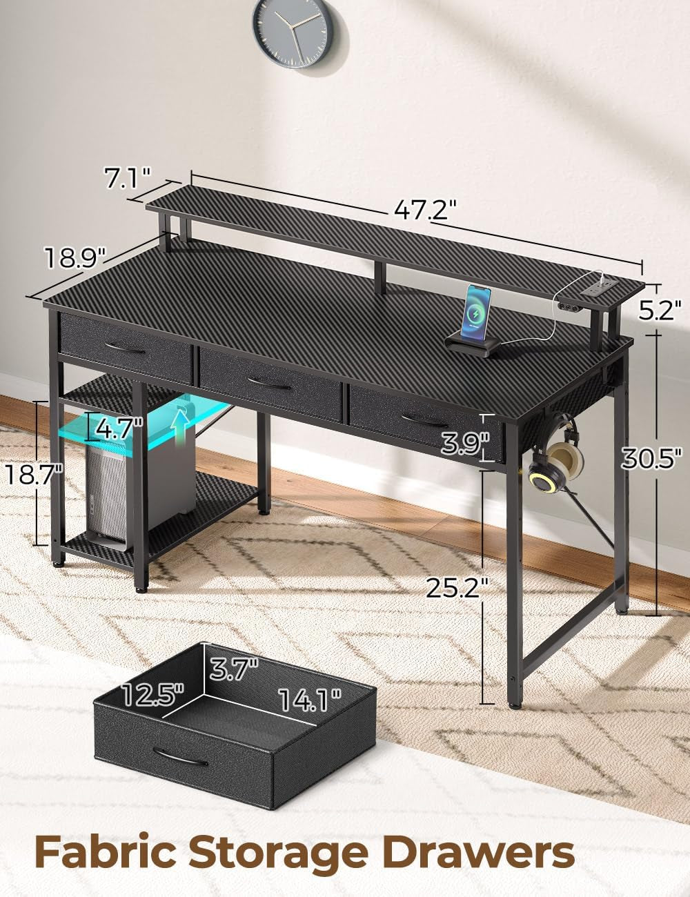 47 Inch Computer Desk With Power Outlets For Home Office