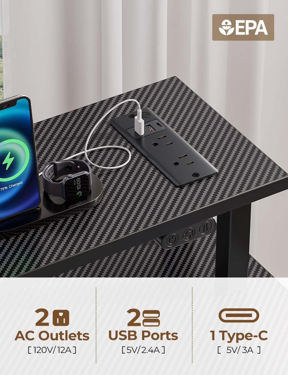 47 Inch Computer Desk With Power Outlets For Home Office