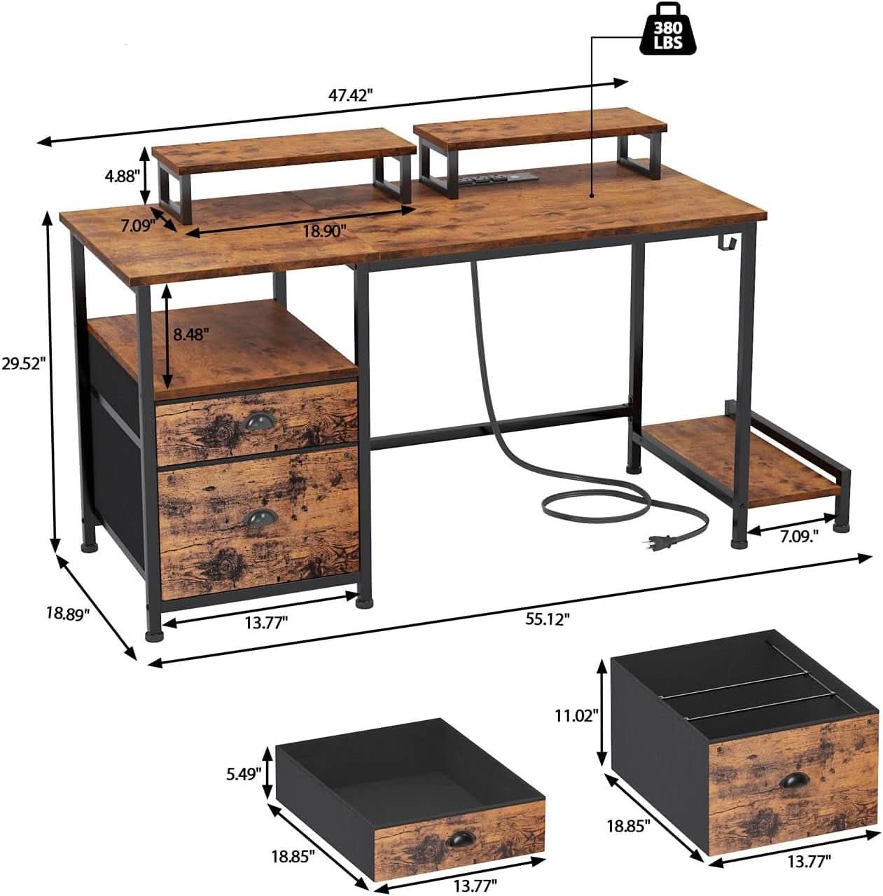 47 Inch Computer Desk With Power Outlets Monitor Stands