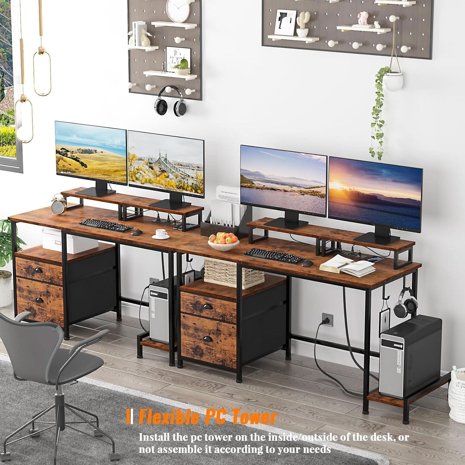 47 Inch Computer Desk With Power Outlets Monitor Stands