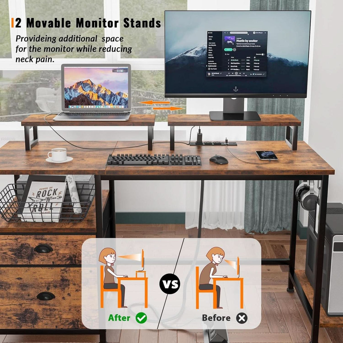 47 Inch Computer Desk With Power Outlets Monitor Stands