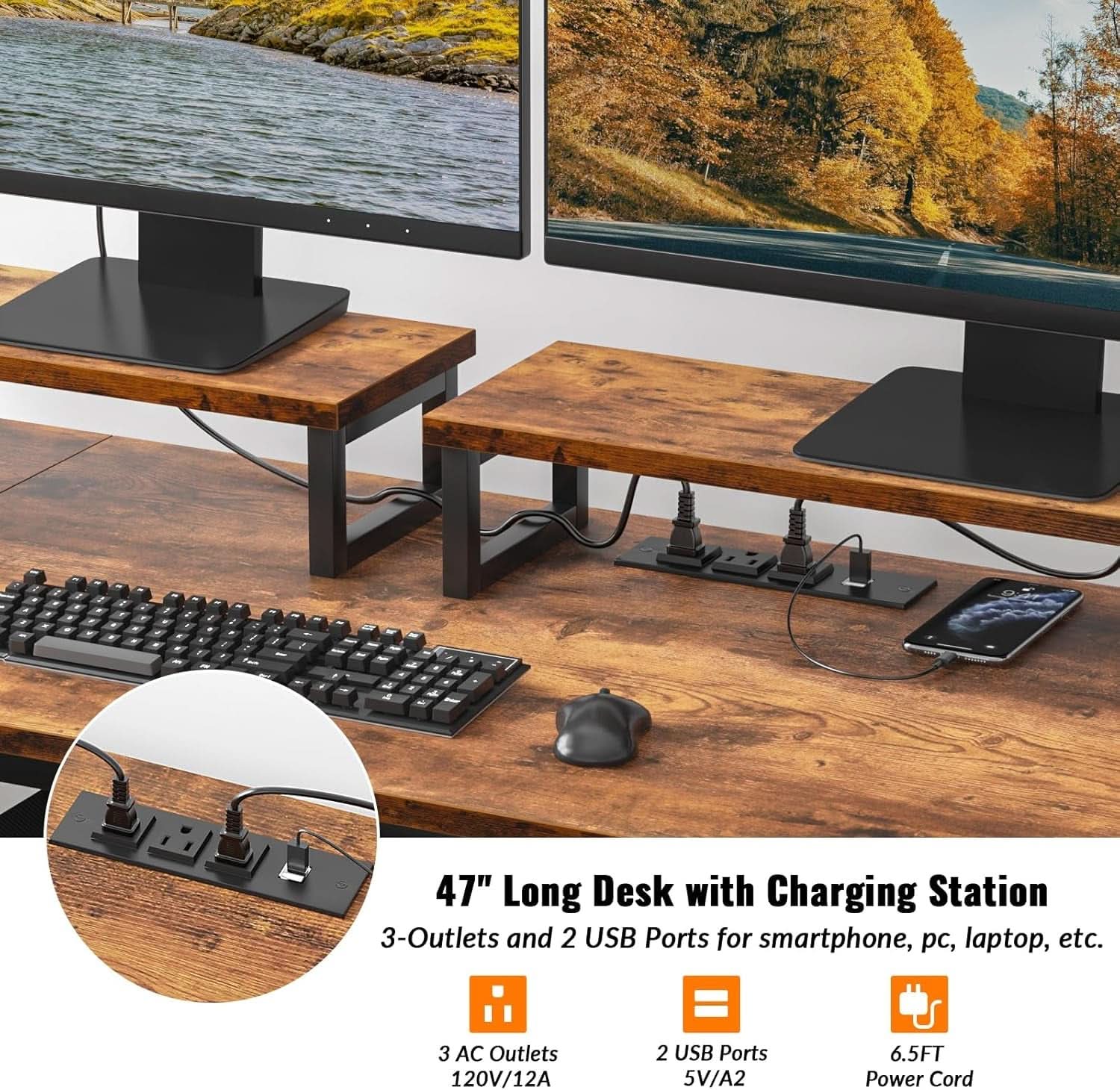47 Inch Computer Desk With Power Outlets Monitor Stands