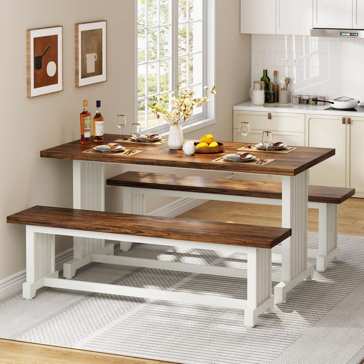 47 Inch Dining Table Set For 4 With 2 Benches Farmhouse White And Rustic Brown
