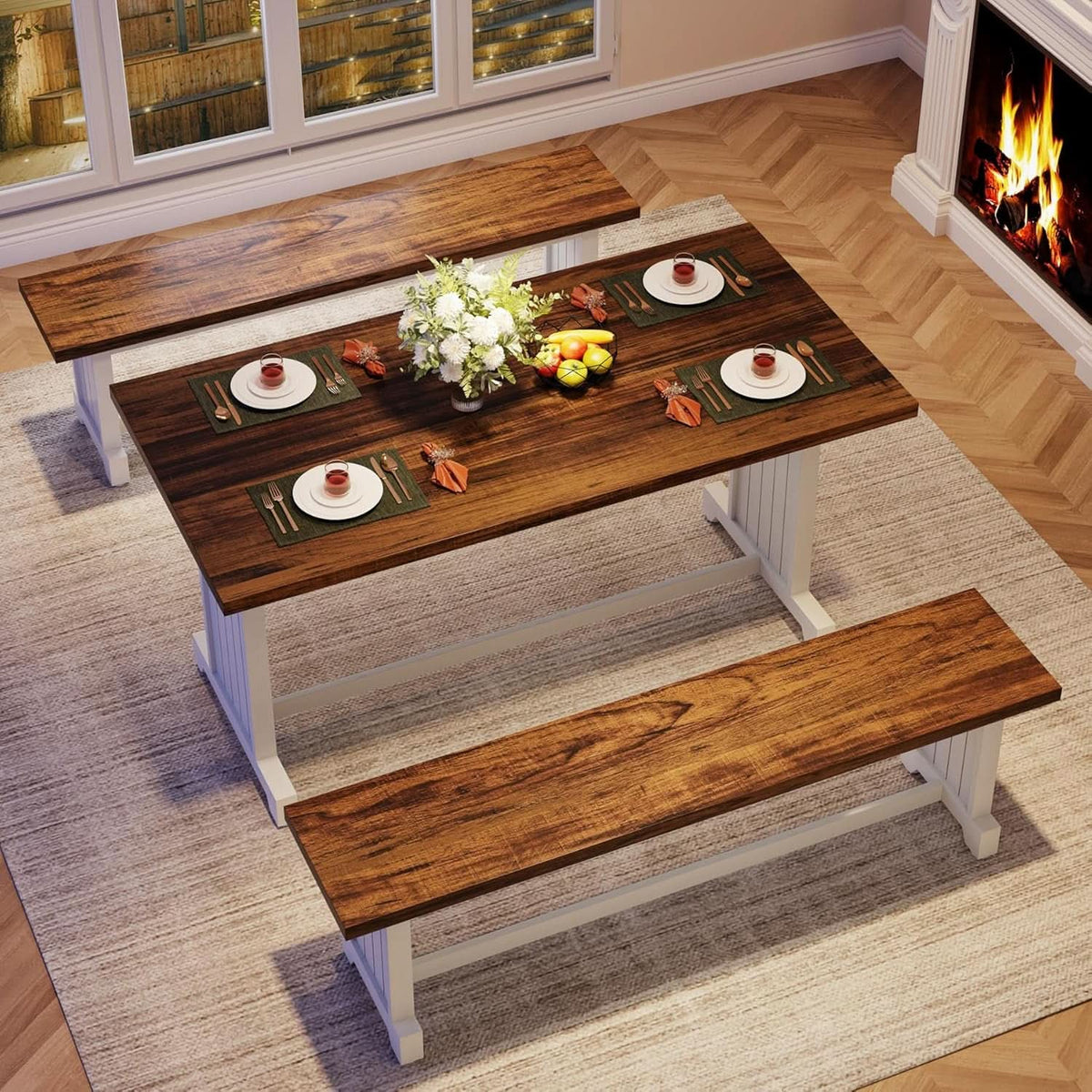 47 Inch Dining Table Set For 4 With 2 Benches Farmhouse White And Rustic Brown