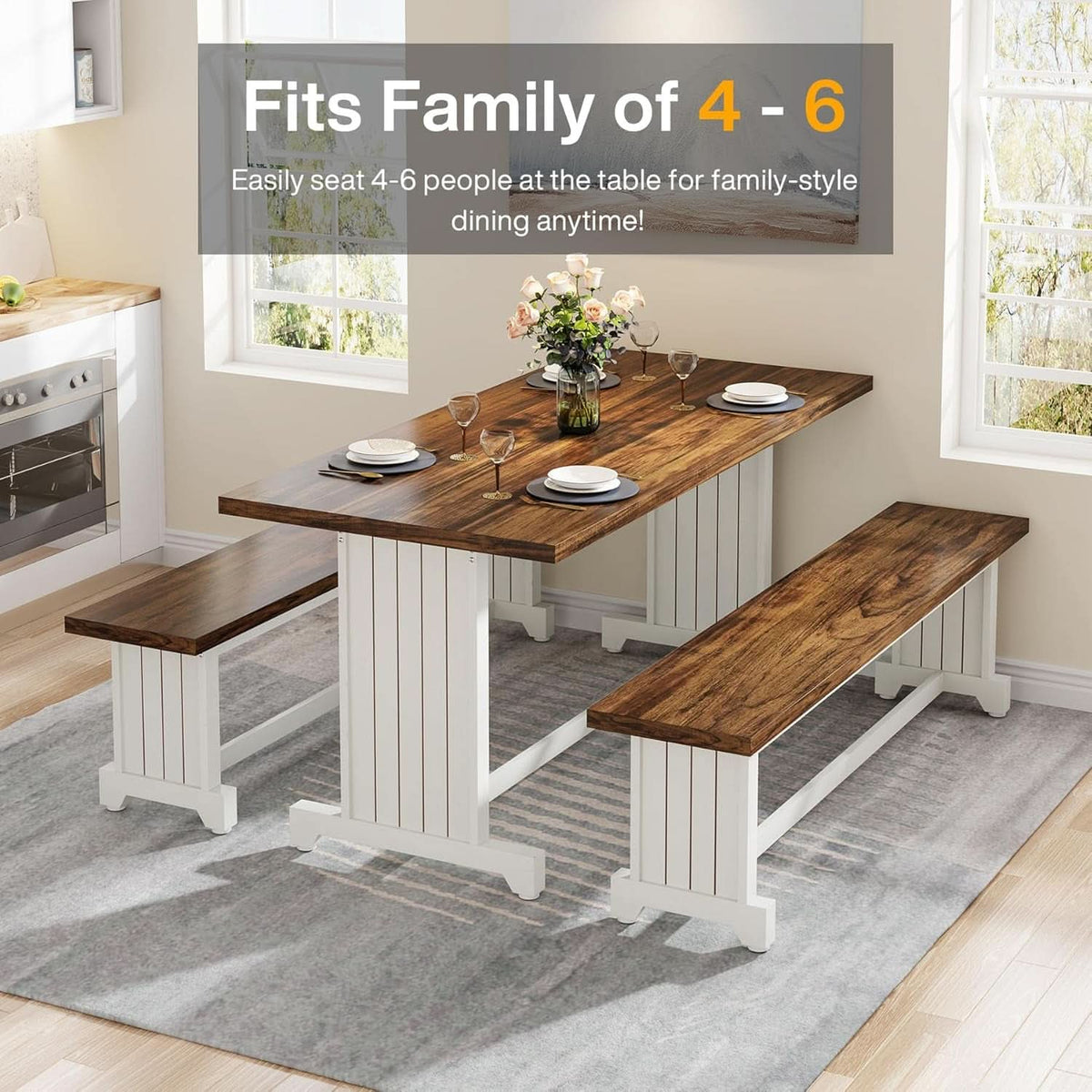 47 Inch Dining Table Set For 4 With 2 Benches Farmhouse White And Rustic Brown