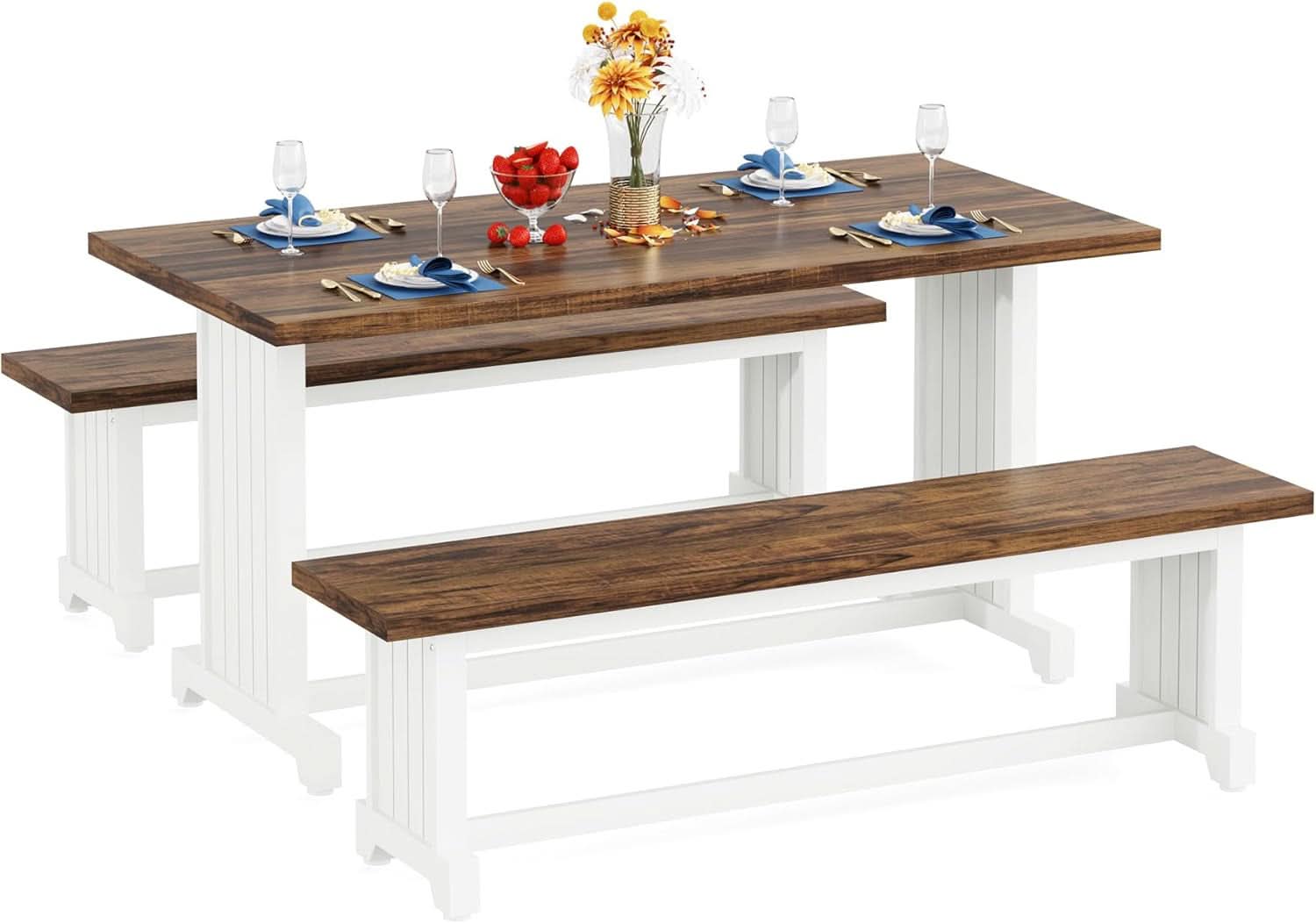47 Inch Dining Table Set For 4 With 2 Benches Farmhouse White And Rustic Brown