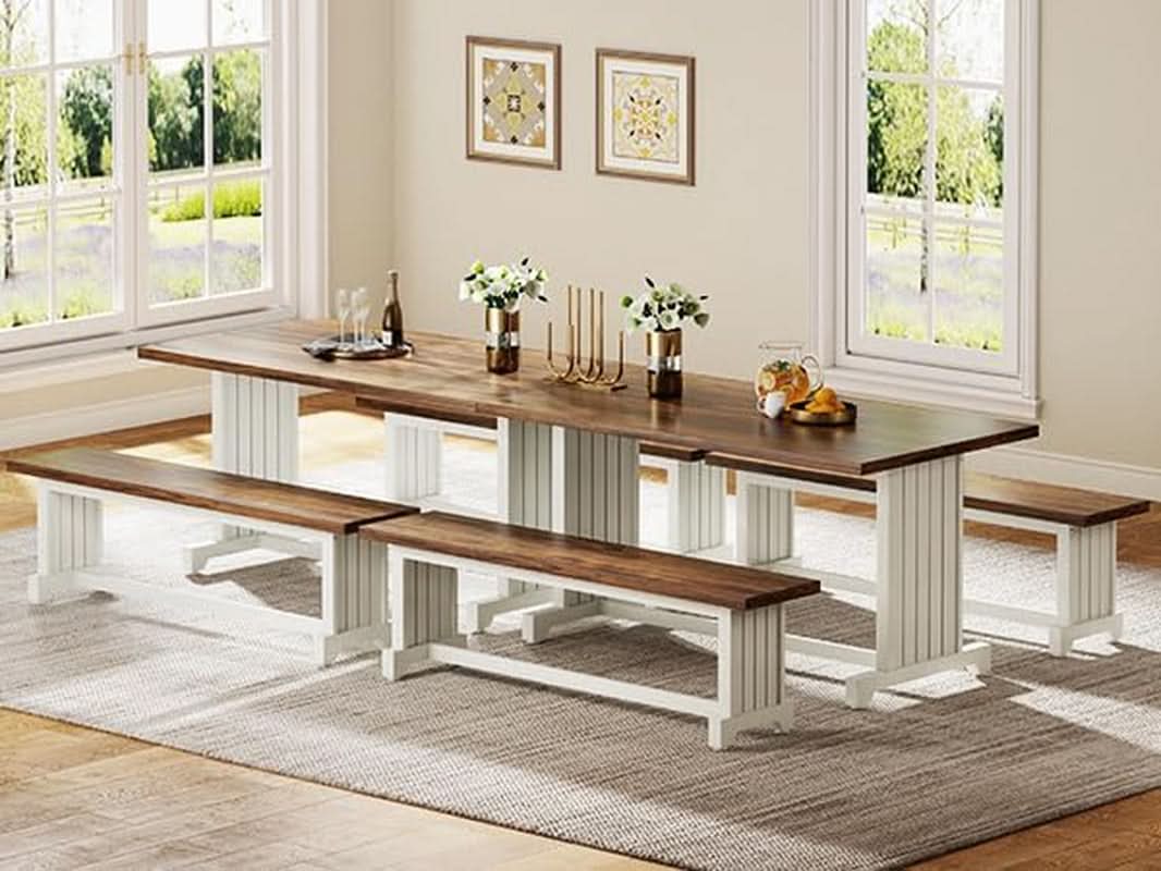 47 Inch Dining Table Set For 4 With 2 Benches Farmhouse White And Rustic Brown