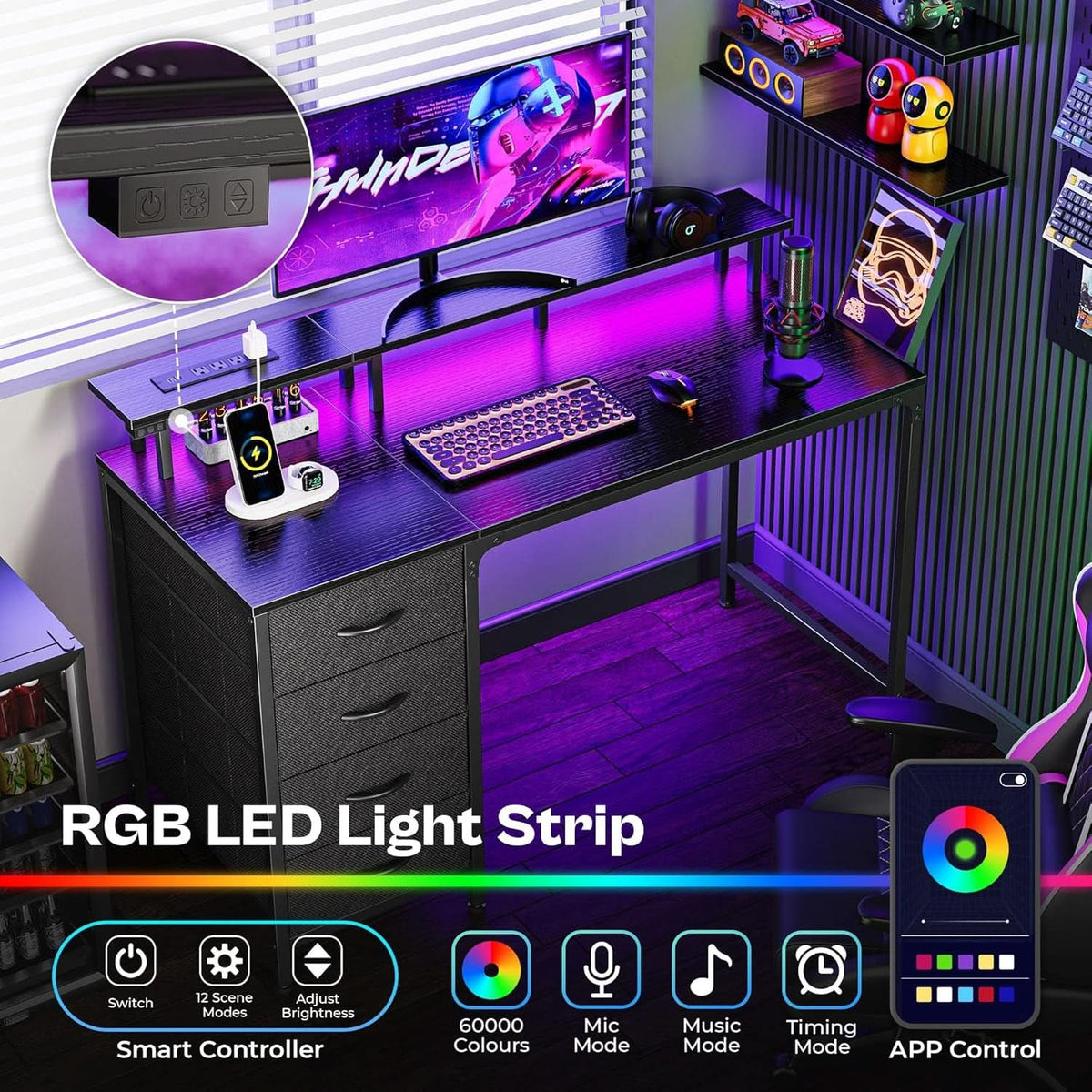 47 Inch Gaming Desk With LED Lights For Home Office