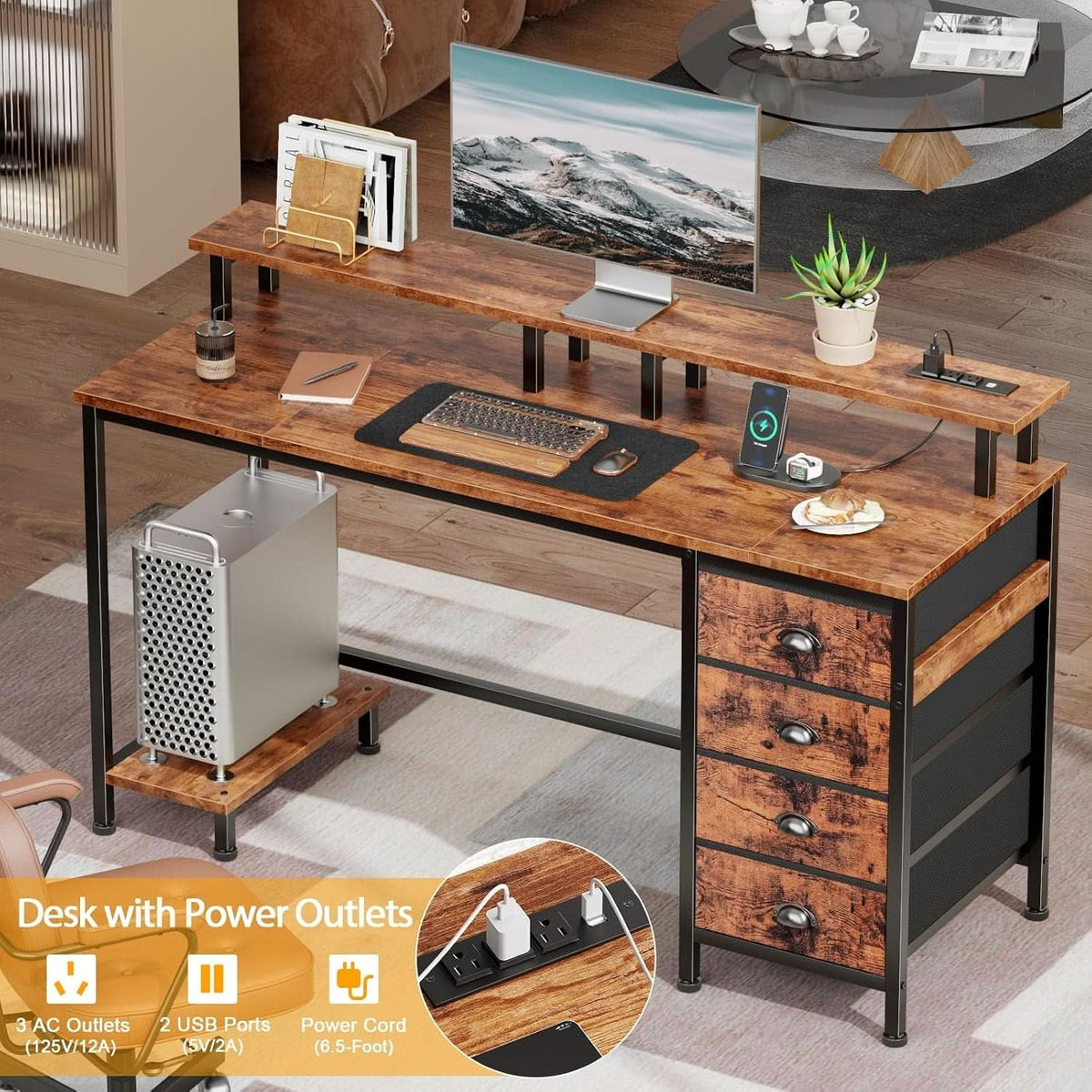 47 Inch Gaming Desk with LED Lights and Drawers