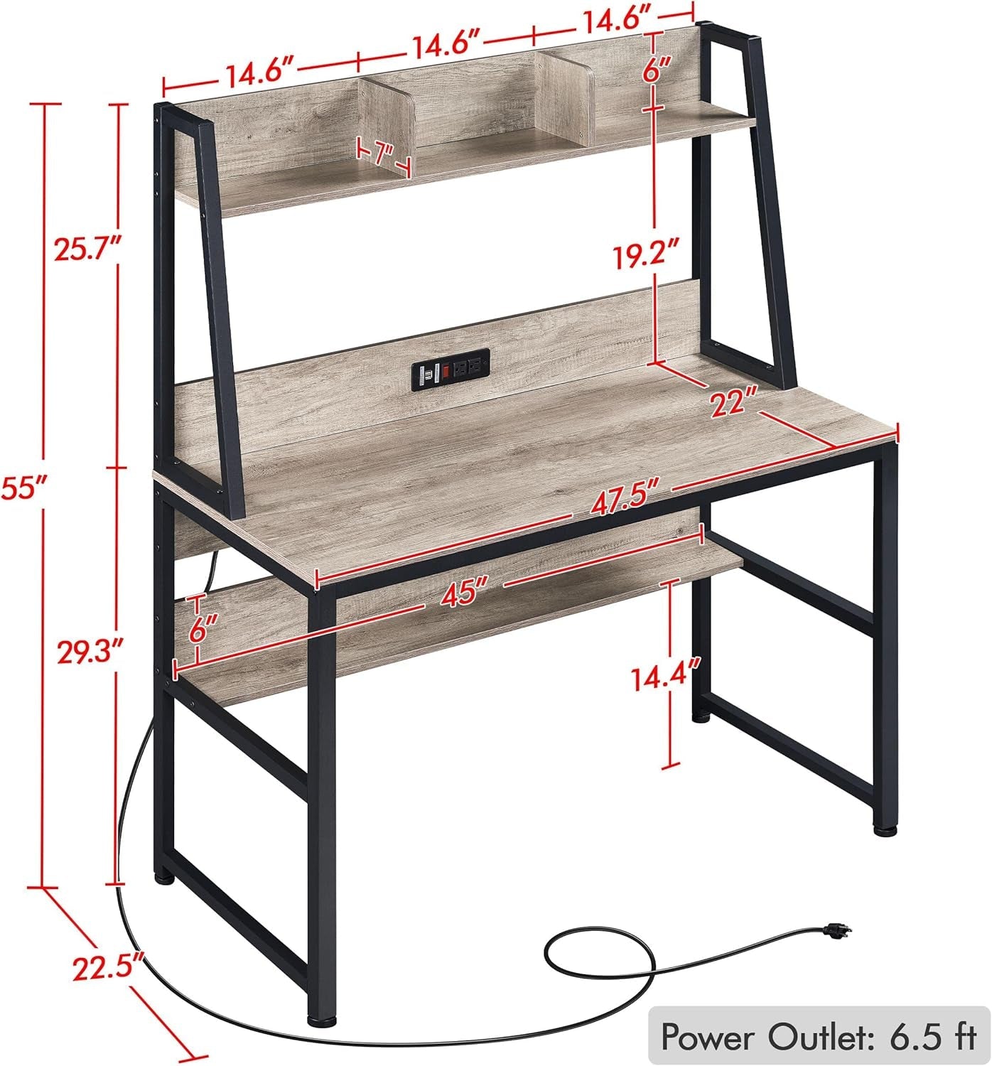 47-Inch Gray Desk With USB Ports And Power Outlets